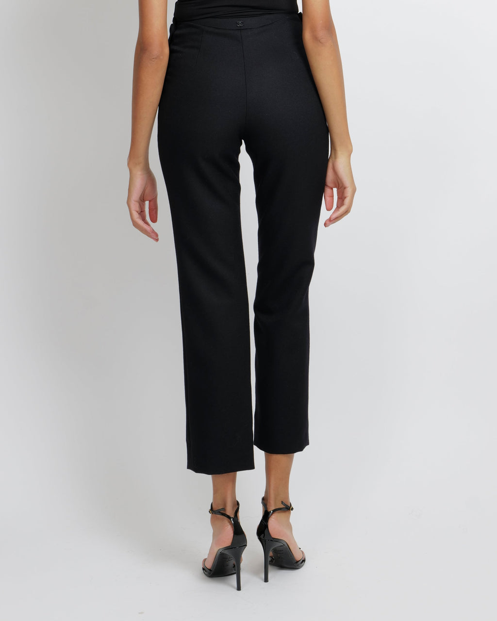 Chanel Black Wool Trousers with Front Flap Detail and Back Crystal Embellished CC Logo Detail Size FR 34 (UK 6)