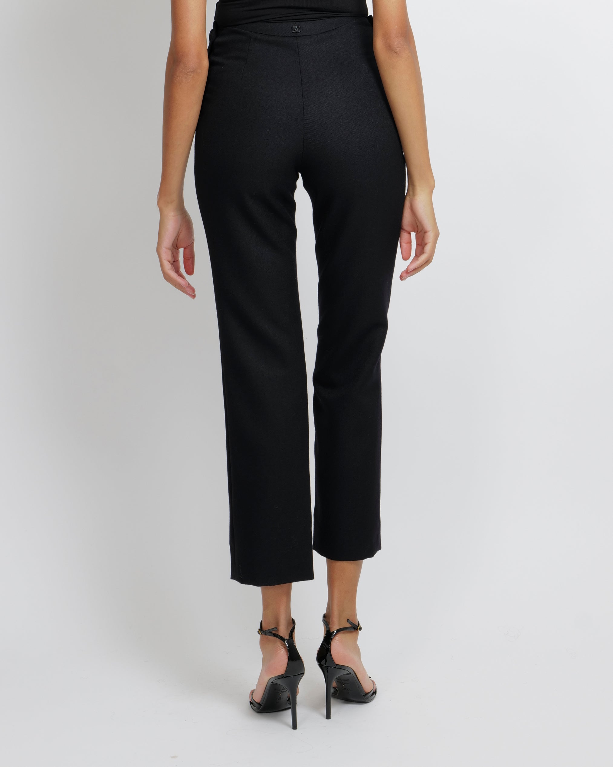 Chanel Black Wool Trousers with Front Flap Detail and Back Crystal Embellished CC Logo Detail Size FR 34 (UK 6)