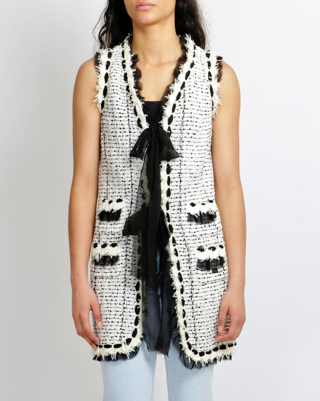 Chanel Spring 2005 White Sequin Tweed Sleeveless Gilet with Black Silk Front Tie Details Size FR 40 (UK 12)