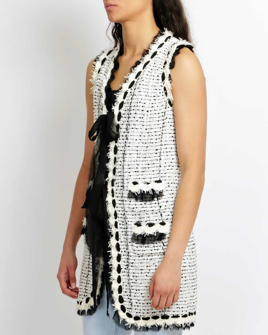 Chanel Spring 2005 White Sequin Tweed Sleeveless Gilet with Black Silk Front Tie Details Size FR 40 (UK 12)