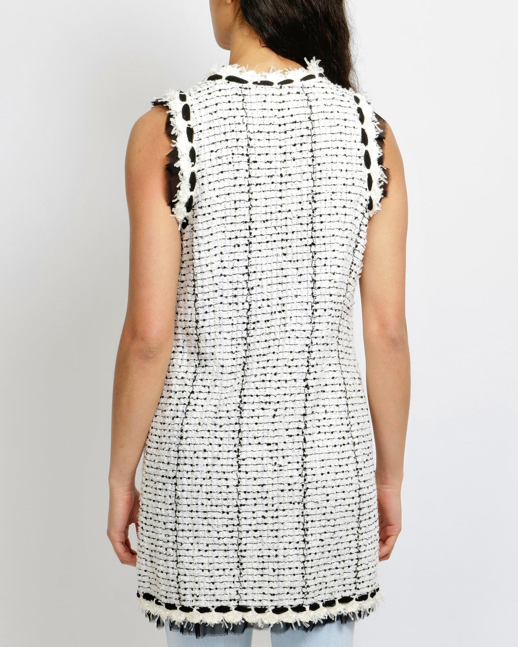 Chanel Spring 2005 White Sequin Tweed Sleeveless Gilet with Black Silk Front Tie Details Size FR 40 (UK 12)