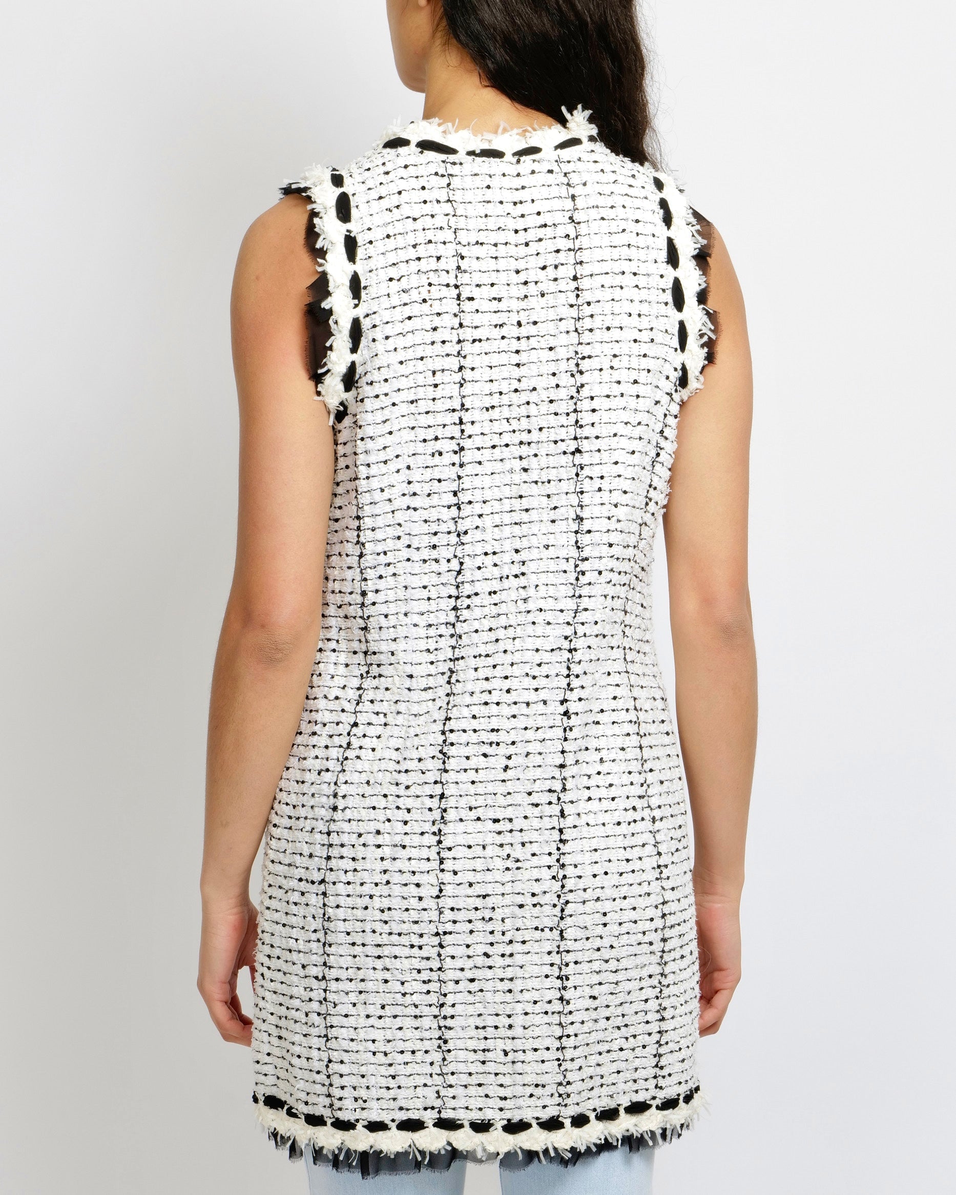 Chanel Spring 2005 White Sequin Tweed Sleeveless Gilet with Black Silk Front Tie Details Size FR 40 (UK 12)