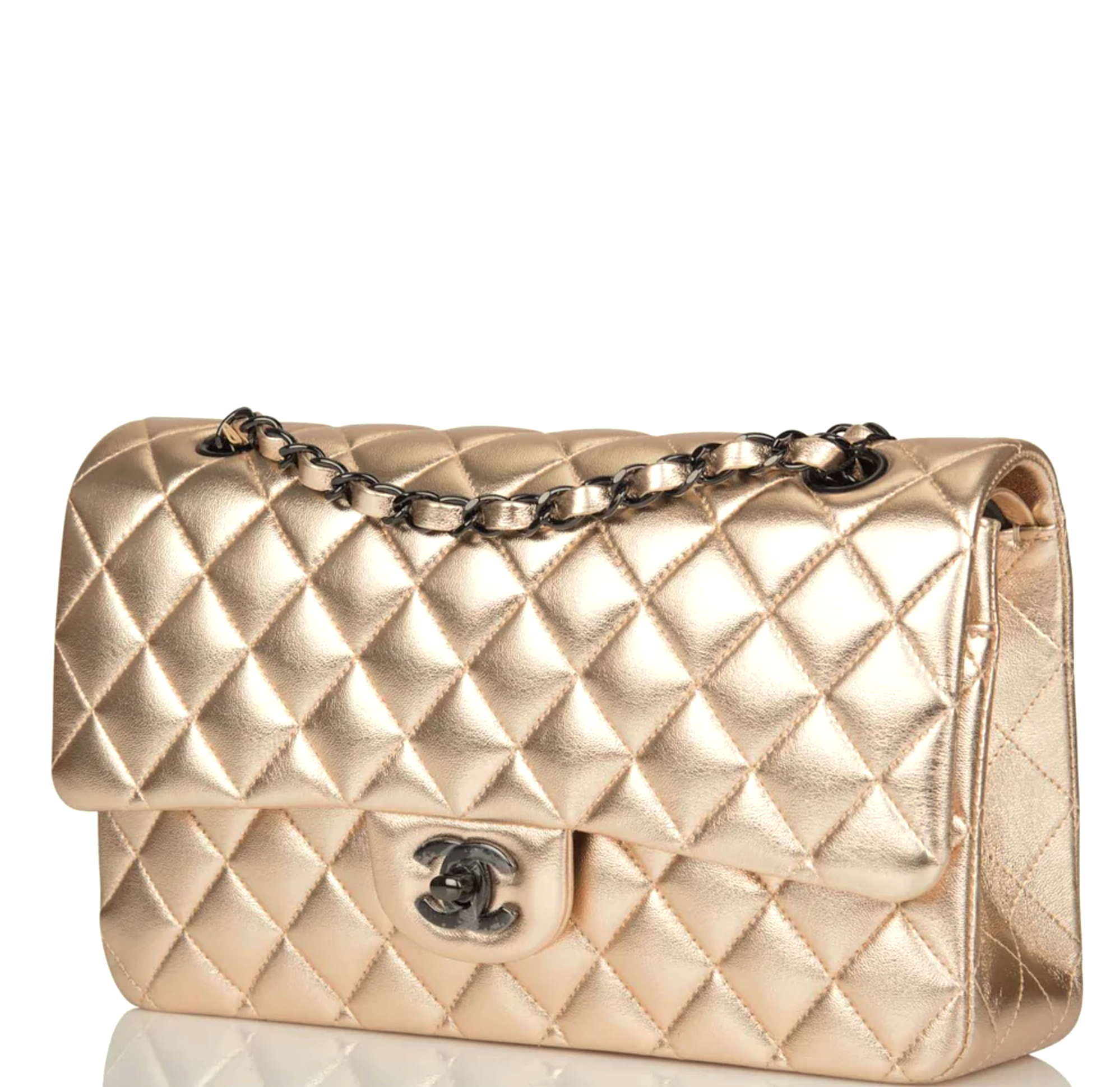 CHANEL Metallic Lambskin Quilted Double Flap Bag
