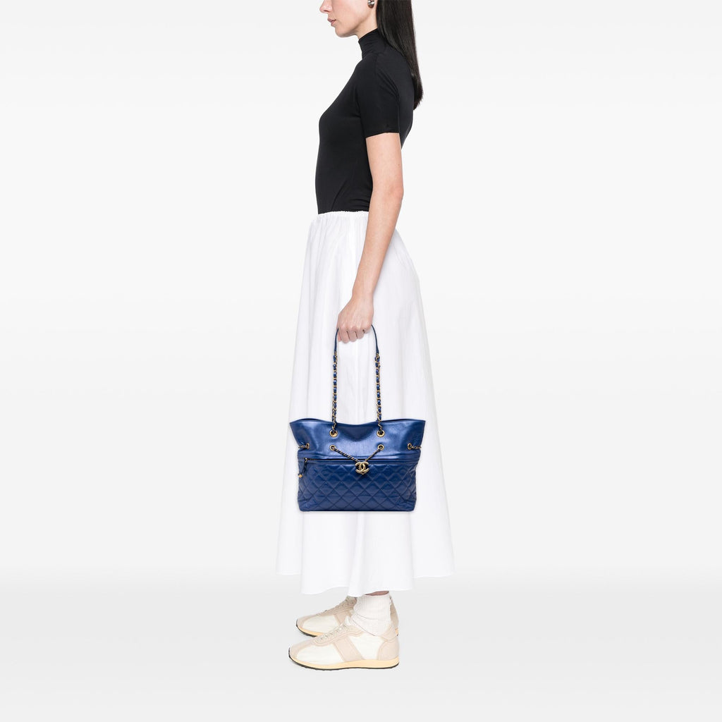 Chanel CC Calfskin Front Zip Drawstring Chain Tote