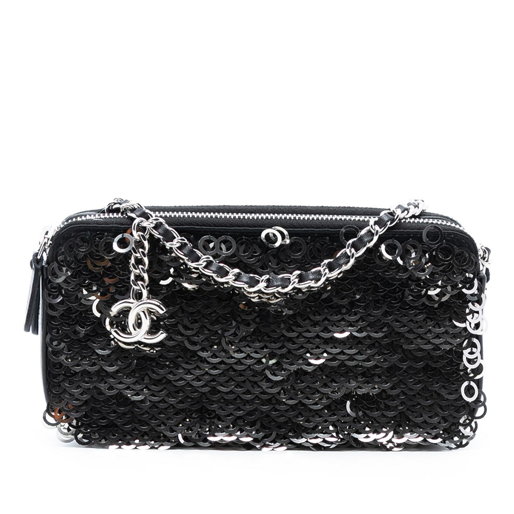 Chanel CC Calfskin and Sequin Double Zip Wallet on Chain