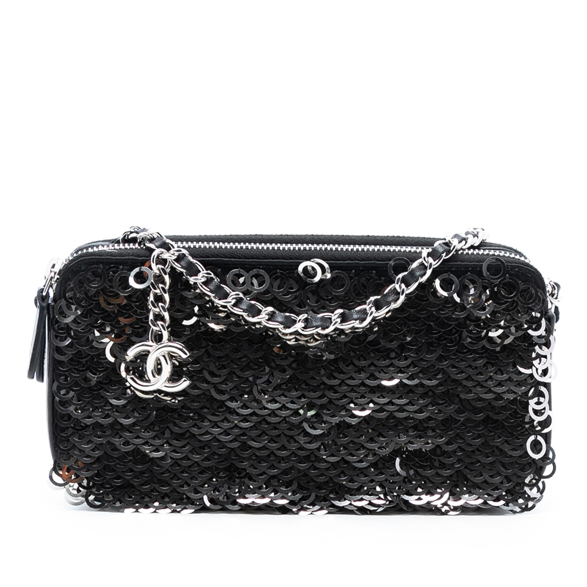 Chanel CC Calfskin and Sequin Double Zip Wallet on Chain