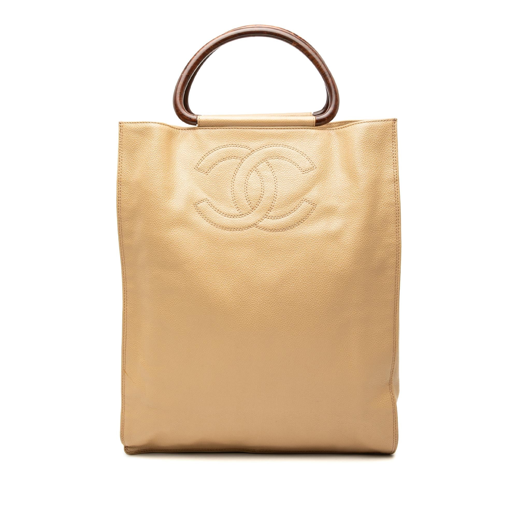 Chanel CC Caviar Wood Top Handle Tote Bag