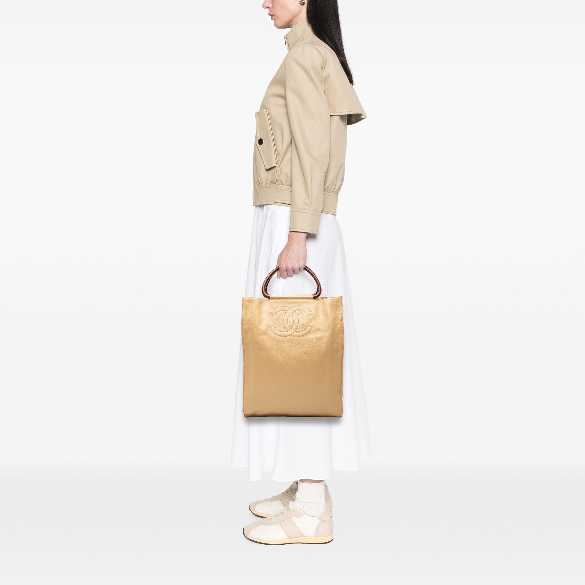 Chanel CC Caviar Wood Top Handle Tote Bag