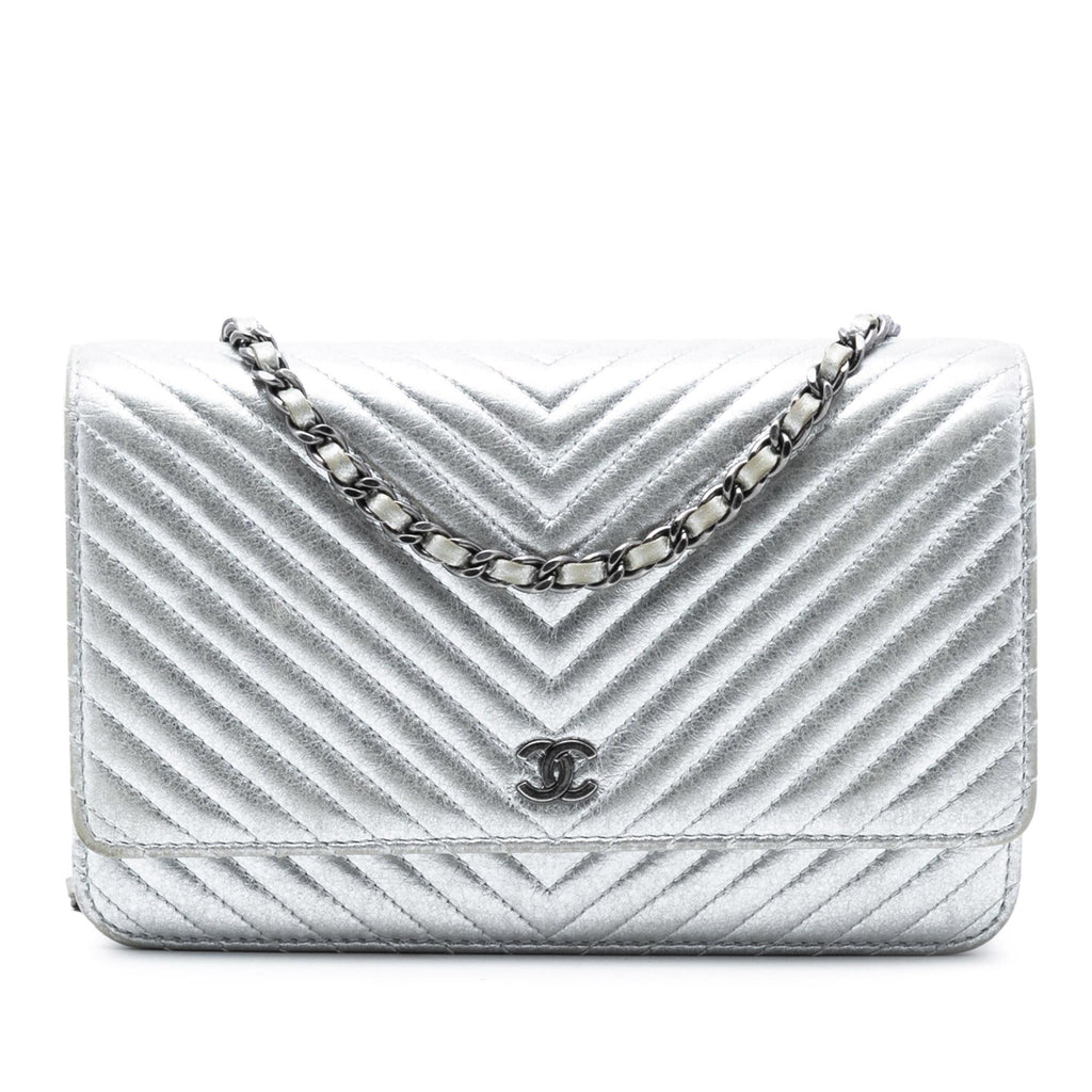 Chanel CC Chevron Metallic Lambskin Wallet On Chain