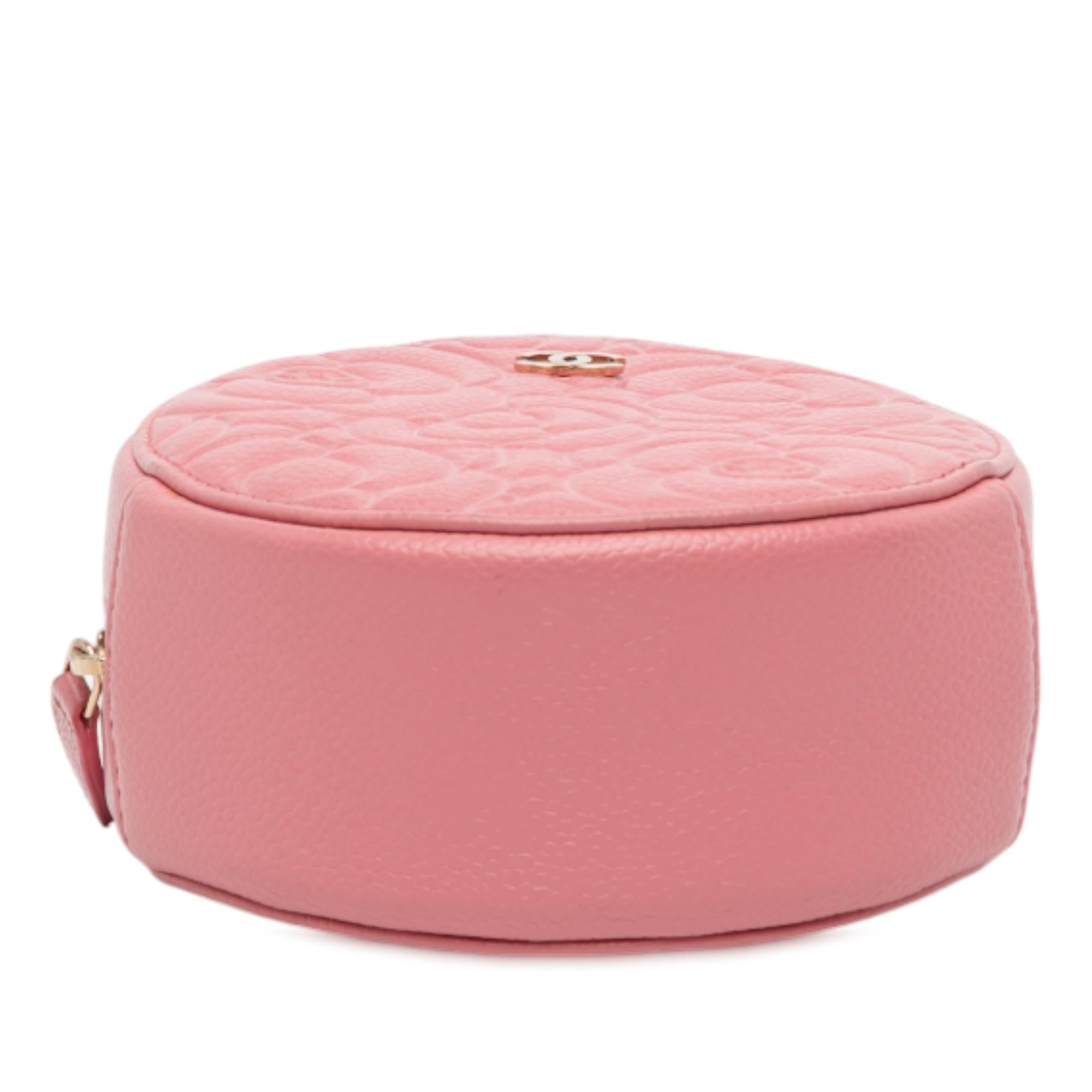 Chanel CC Embossed Caviar Camellia Round Clutch With Chain