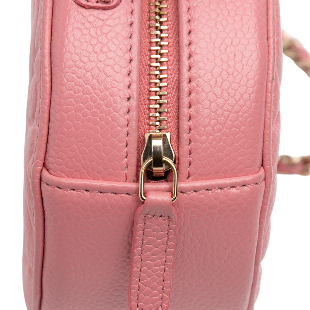 Chanel CC Embossed Caviar Camellia Round Clutch With Chain