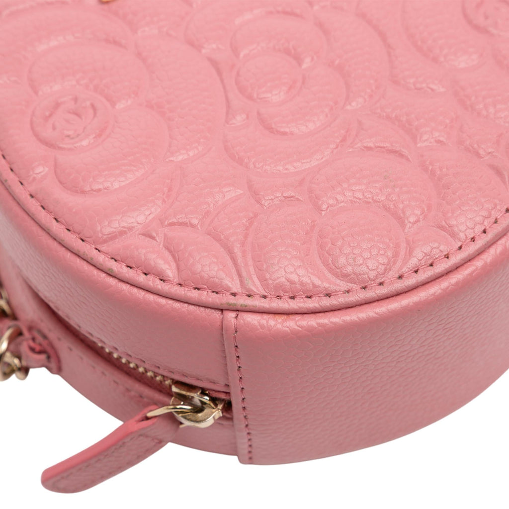 Chanel CC Embossed Caviar Camellia Round Clutch With Chain