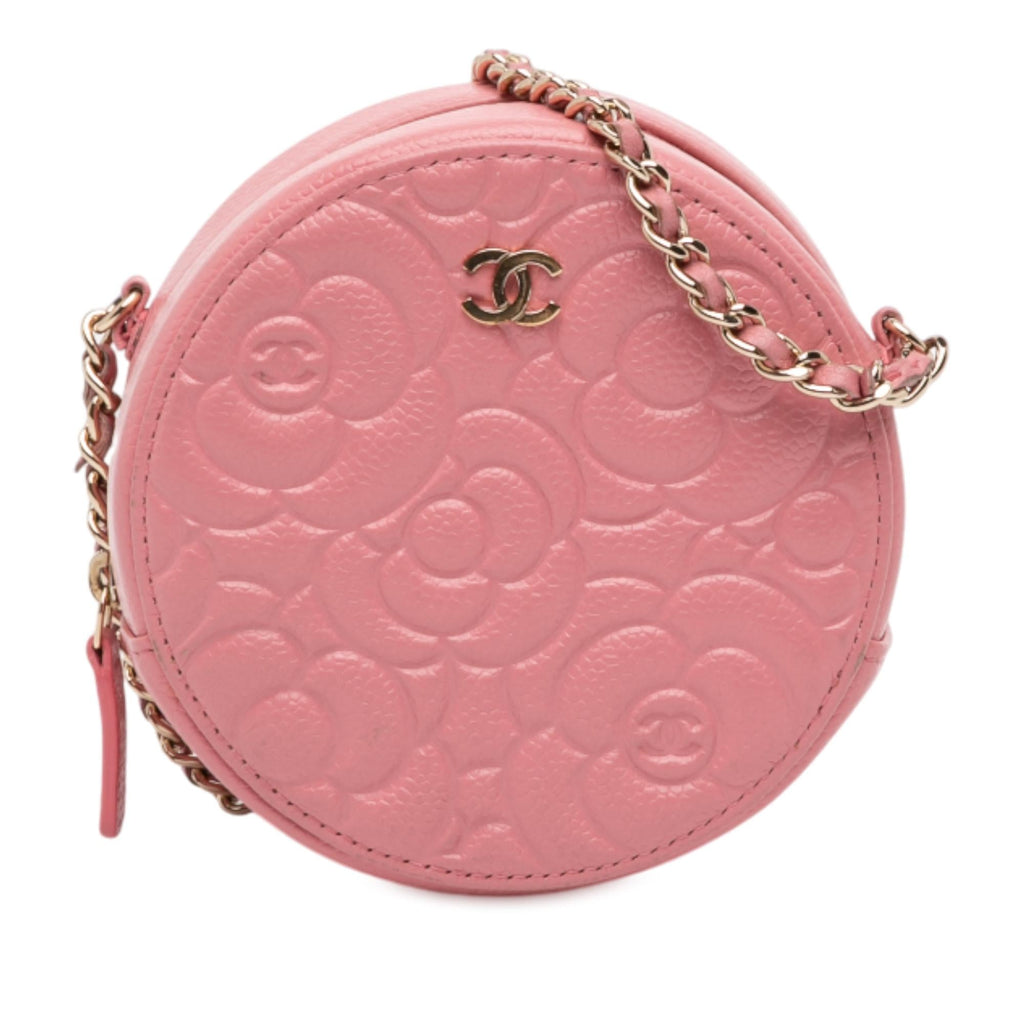 Chanel CC Embossed Caviar Camellia Round Clutch With Chain