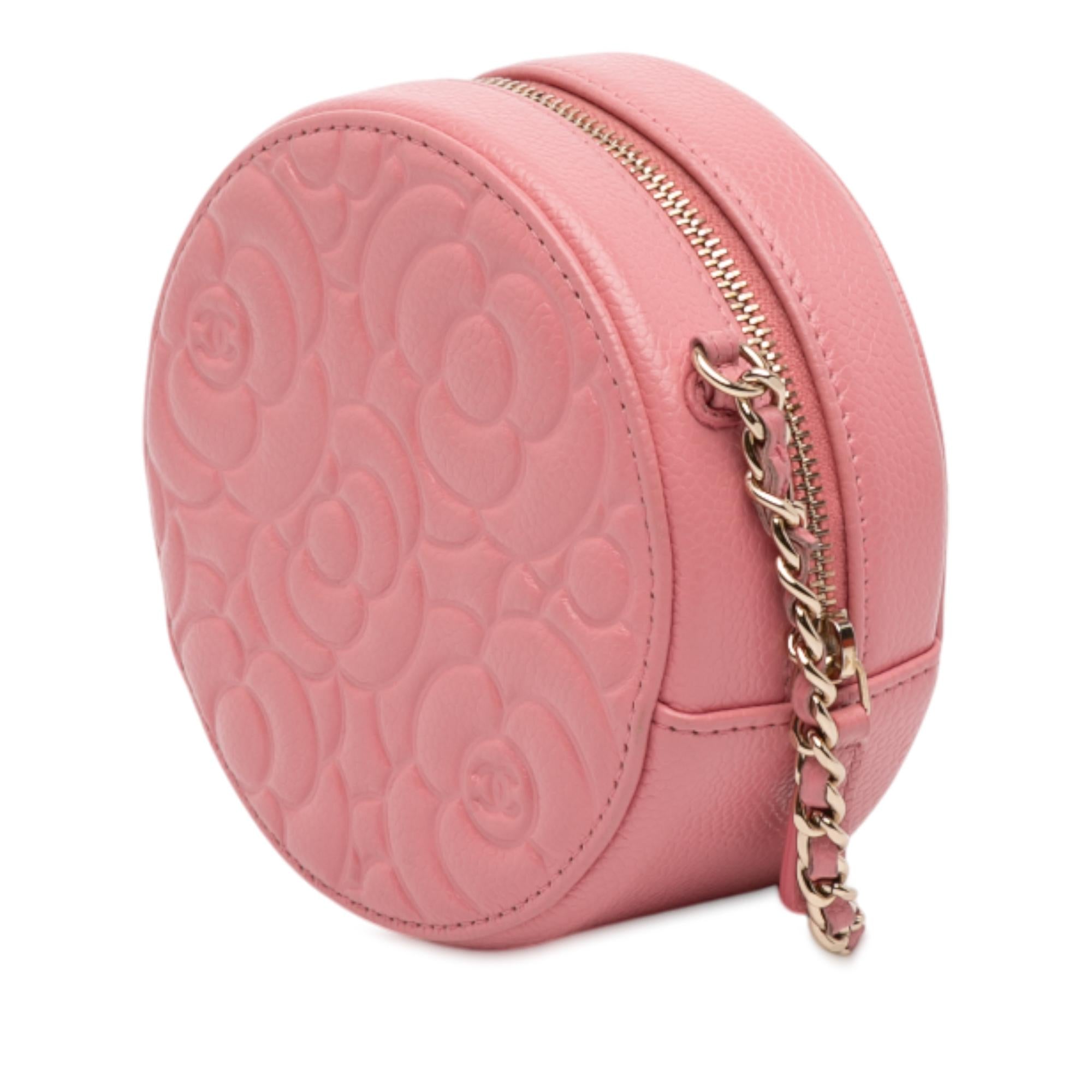 Chanel CC Embossed Caviar Camellia Round Clutch With Chain