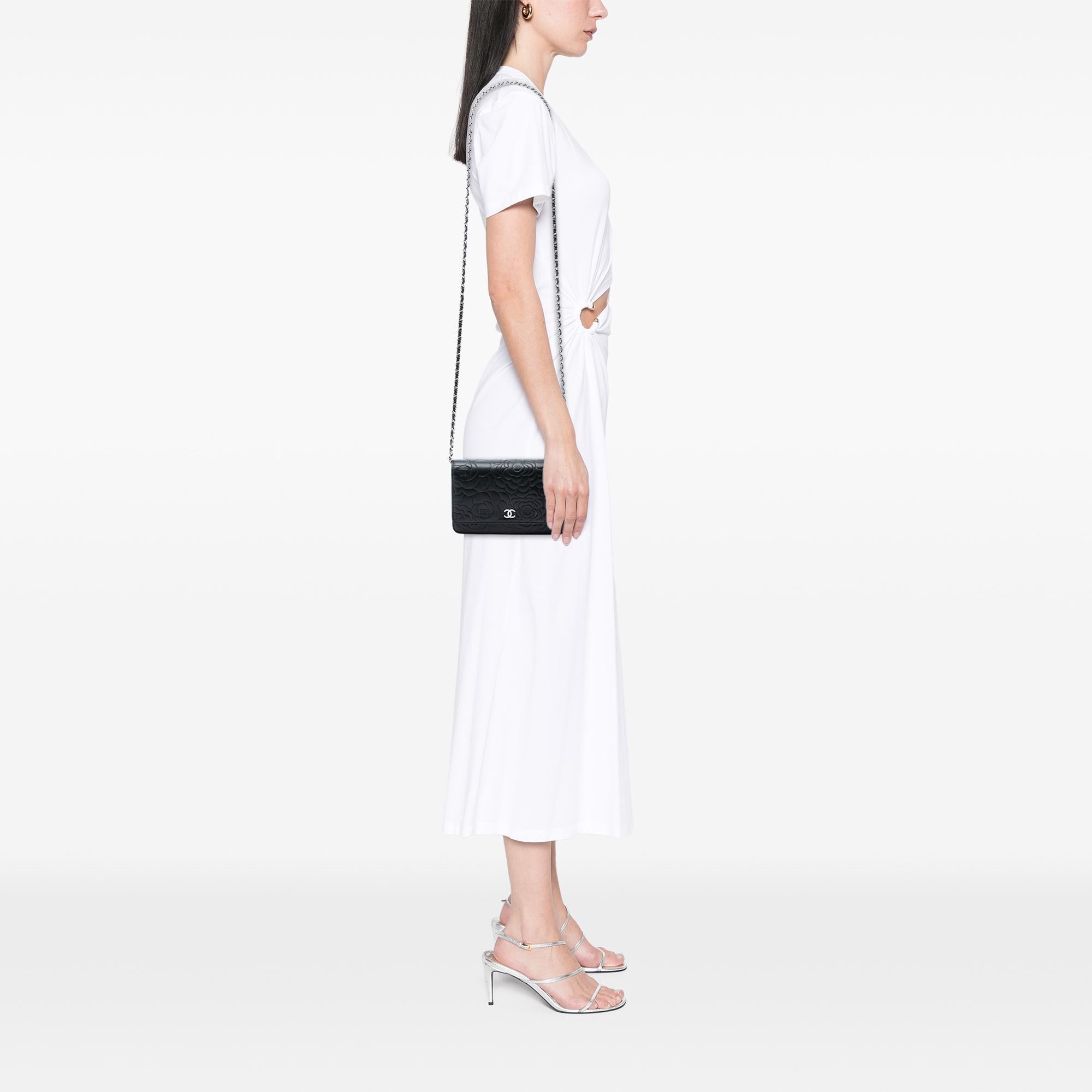 Chanel CC Embossed Lambskin Camellia Wallet On Chain