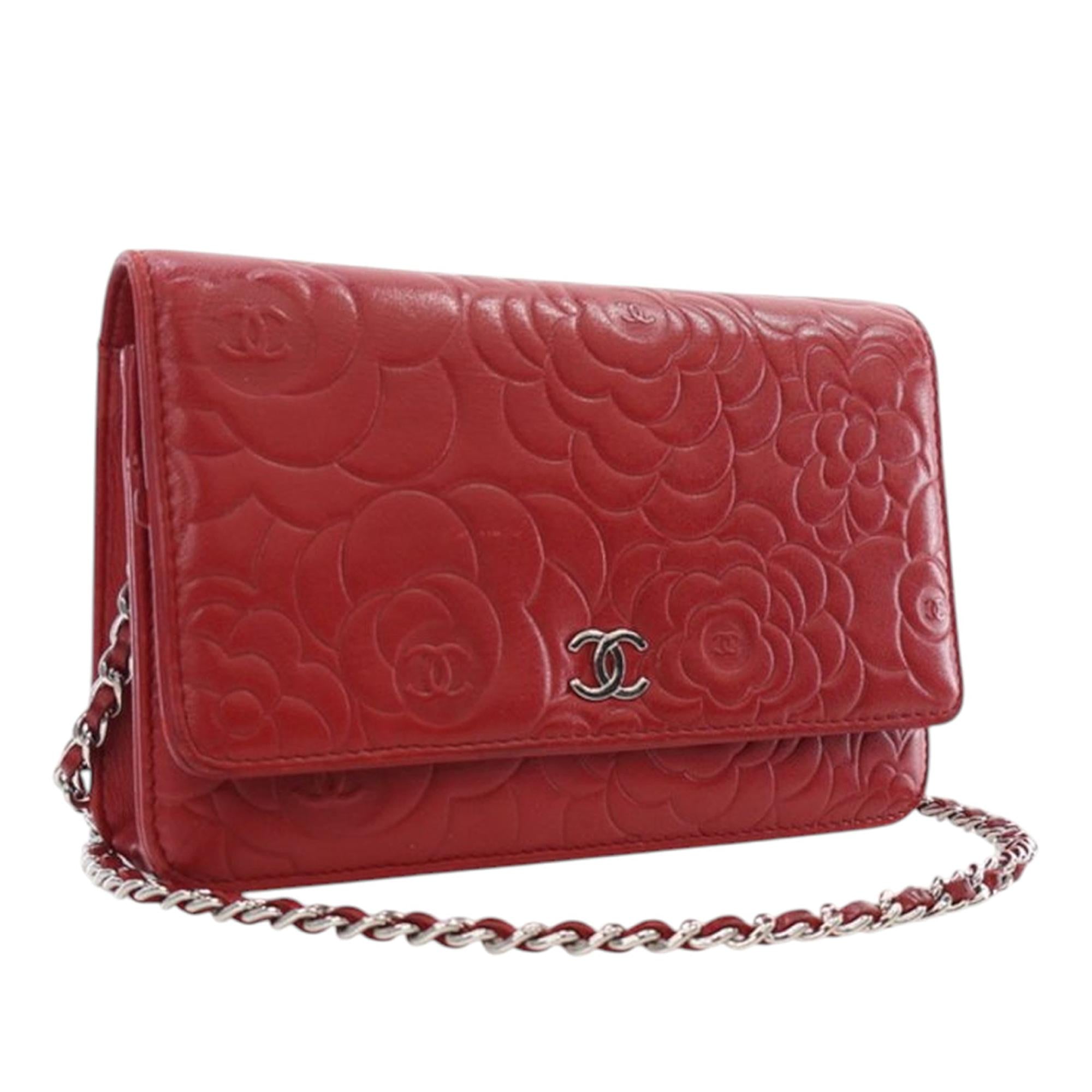 Chanel CC Embossed Lambskin Camellia Wallet On Chain