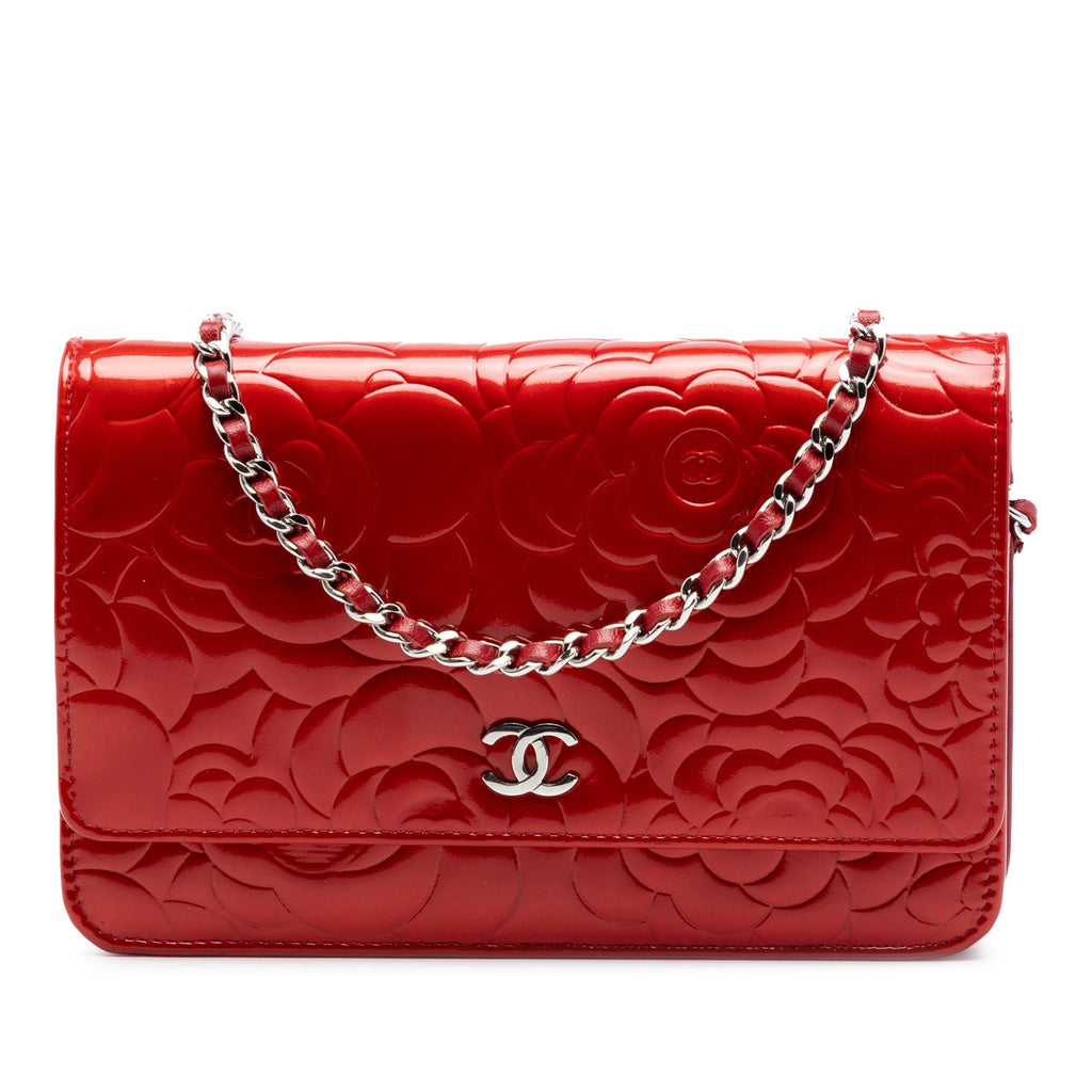 Chanel CC Embossed Patent Camellia Wallet On Chain