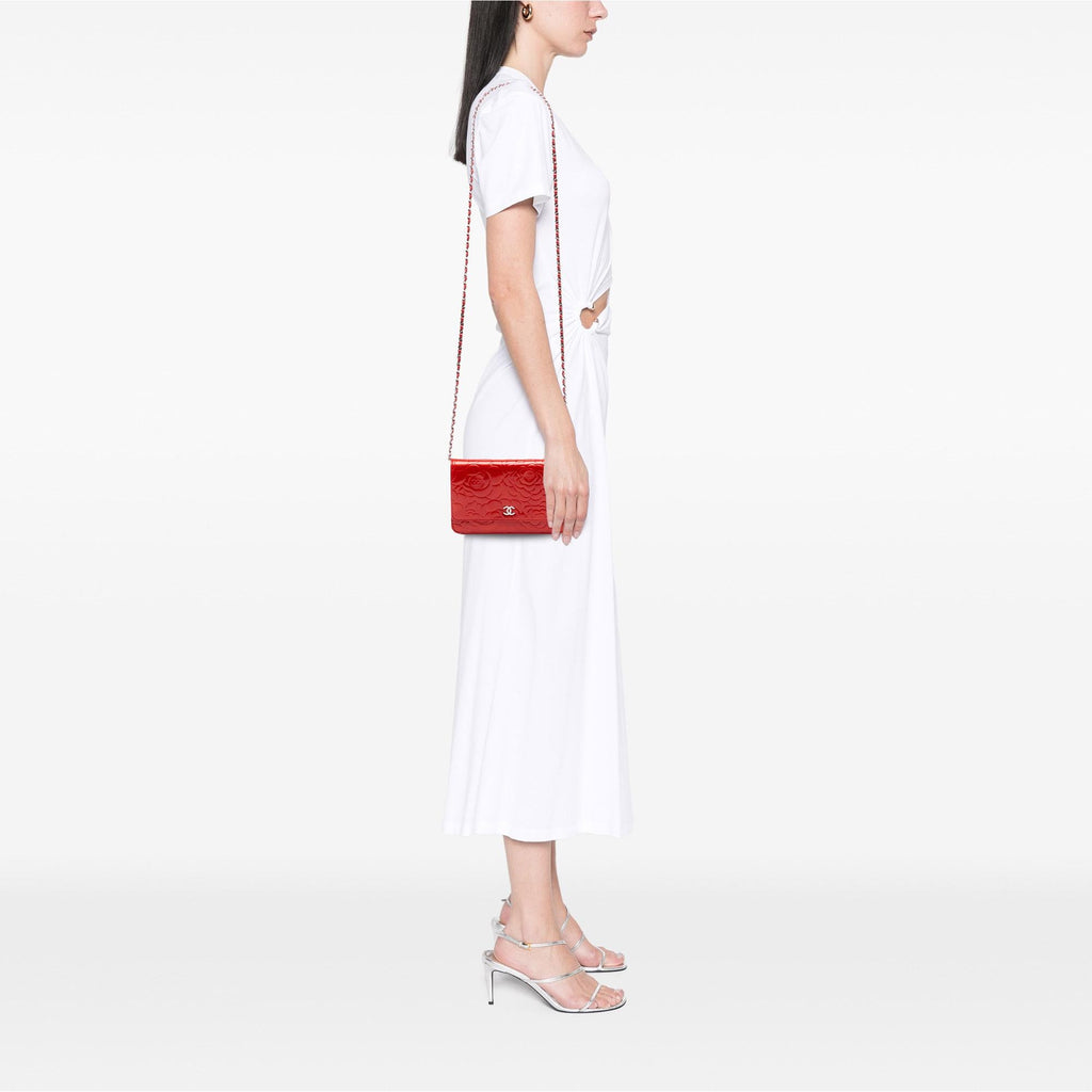 Chanel CC Embossed Patent Camellia Wallet On Chain