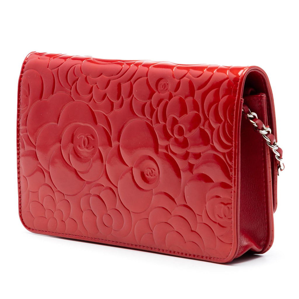 Chanel CC Embossed Patent Camellia Wallet On Chain
