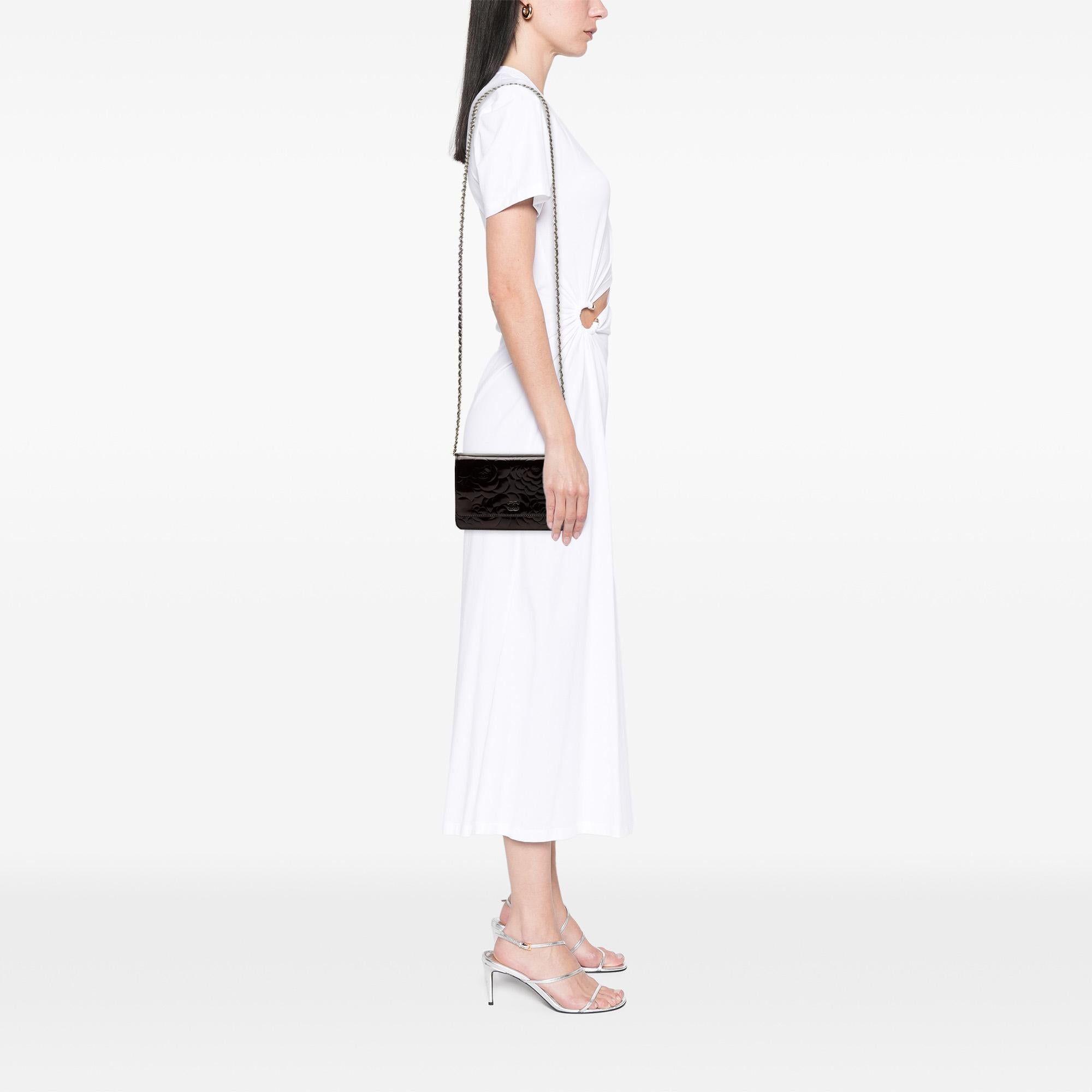 Chanel CC Embossed Patent Camellia Wallet On Chain