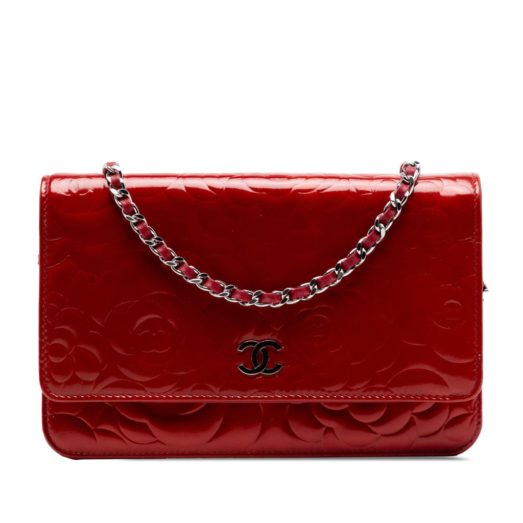 Chanel CC Embossed Patent Camellia Wallet On Chain