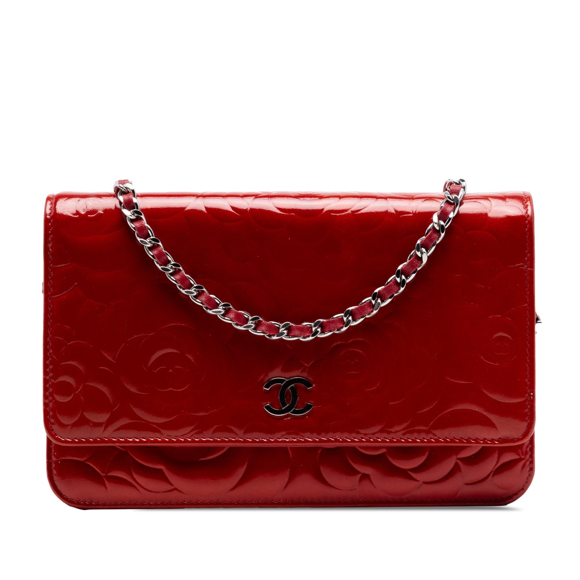 Chanel CC Embossed Patent Camellia Wallet On Chain
