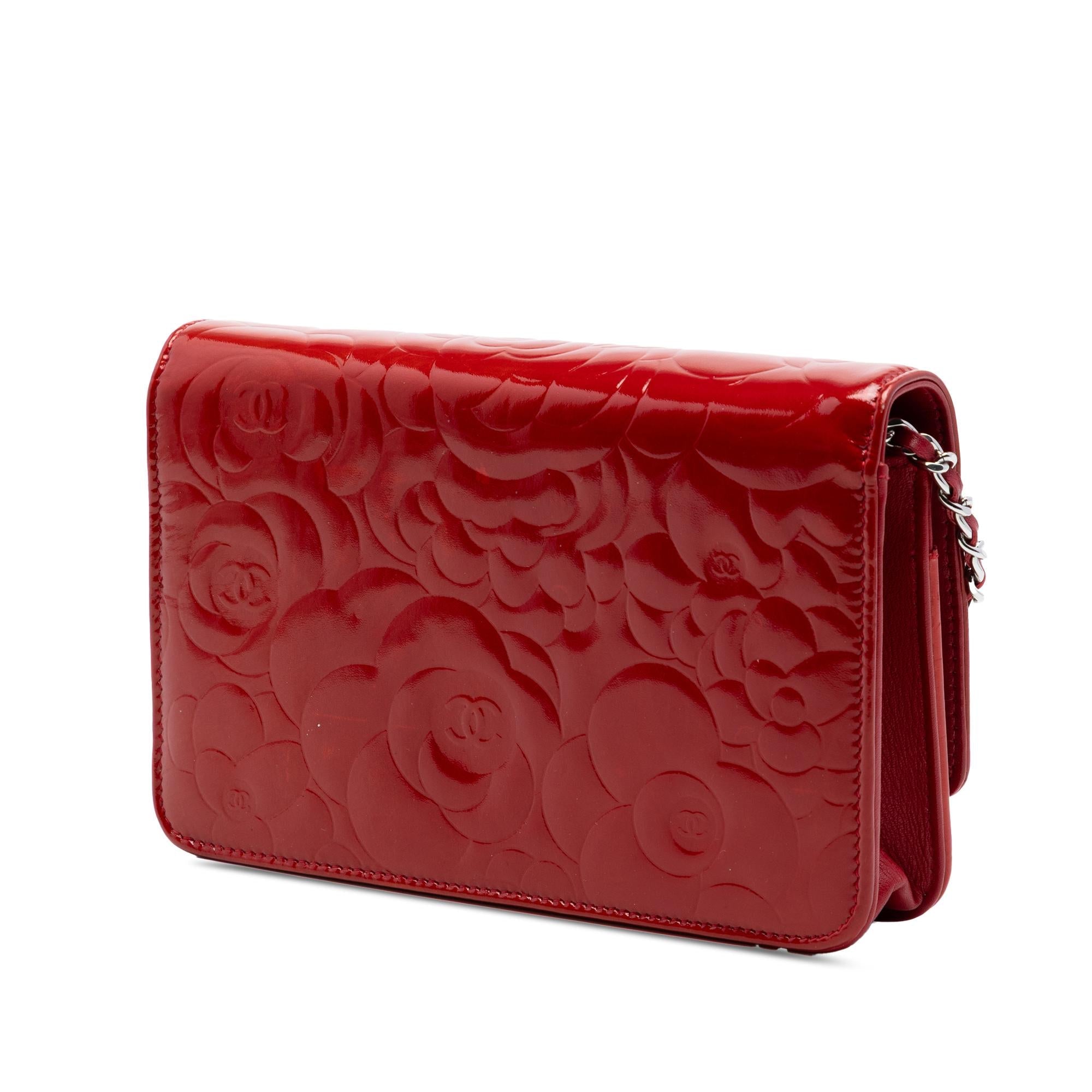 Chanel CC Embossed Patent Camellia Wallet On Chain