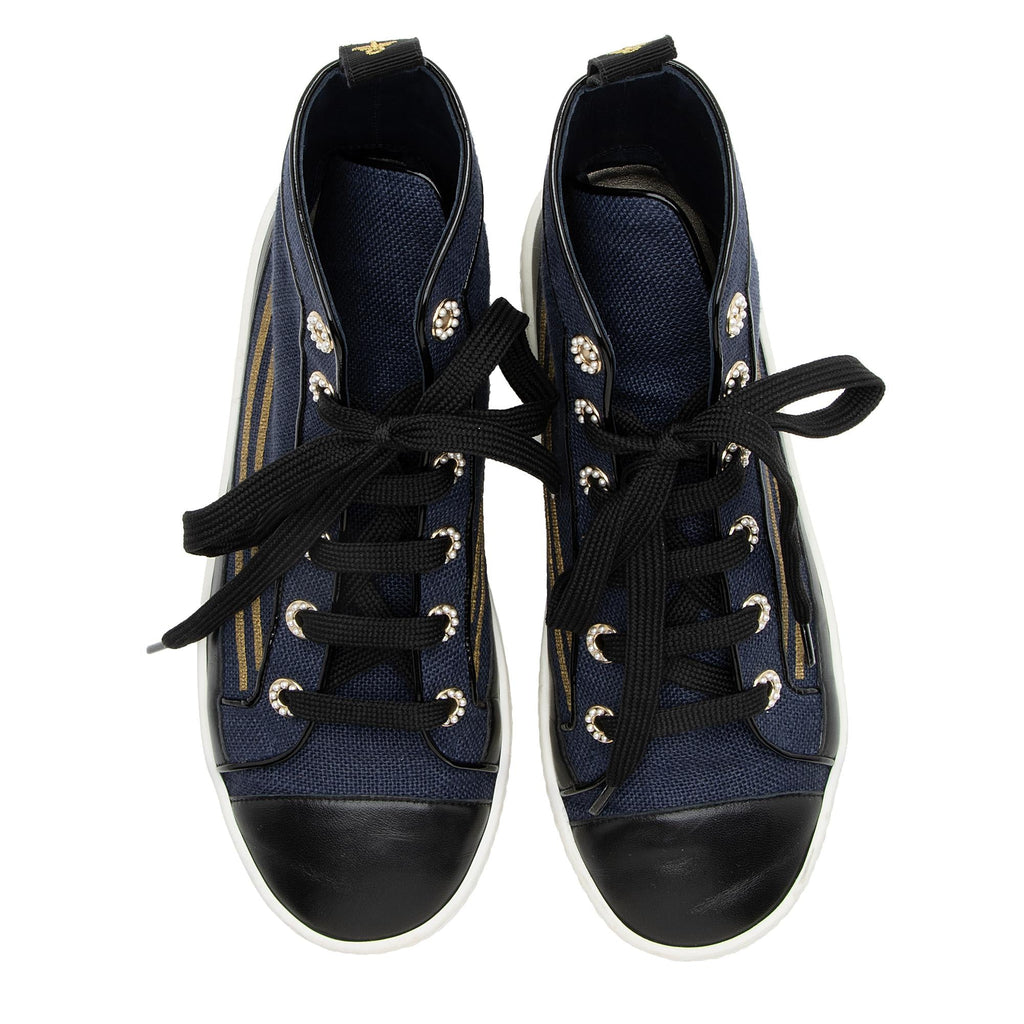 Chanel Fabric Lambskin Pearl CC High Top Cap Toe Sneakers - Size 6.5 / 36.5 (SHF-23702)