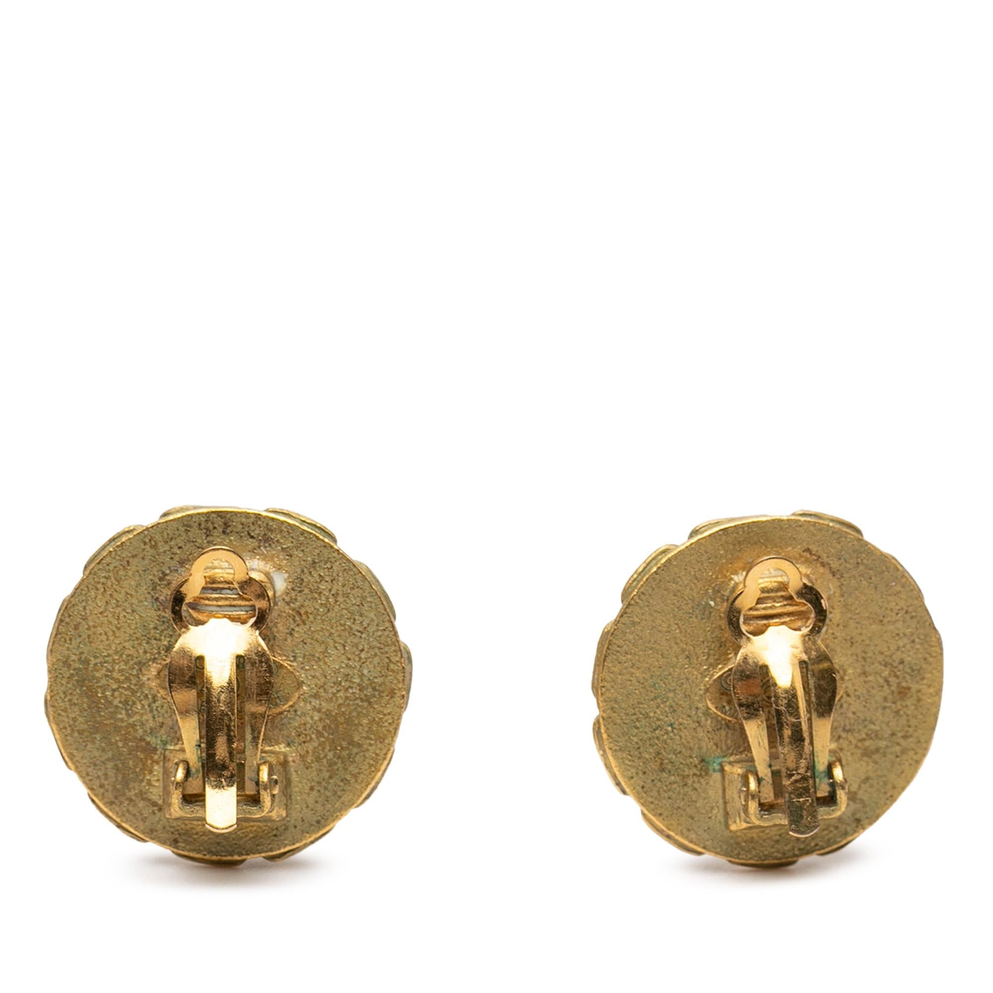 Chanel CC Gold Plated Enamel Round Clip On Earrings