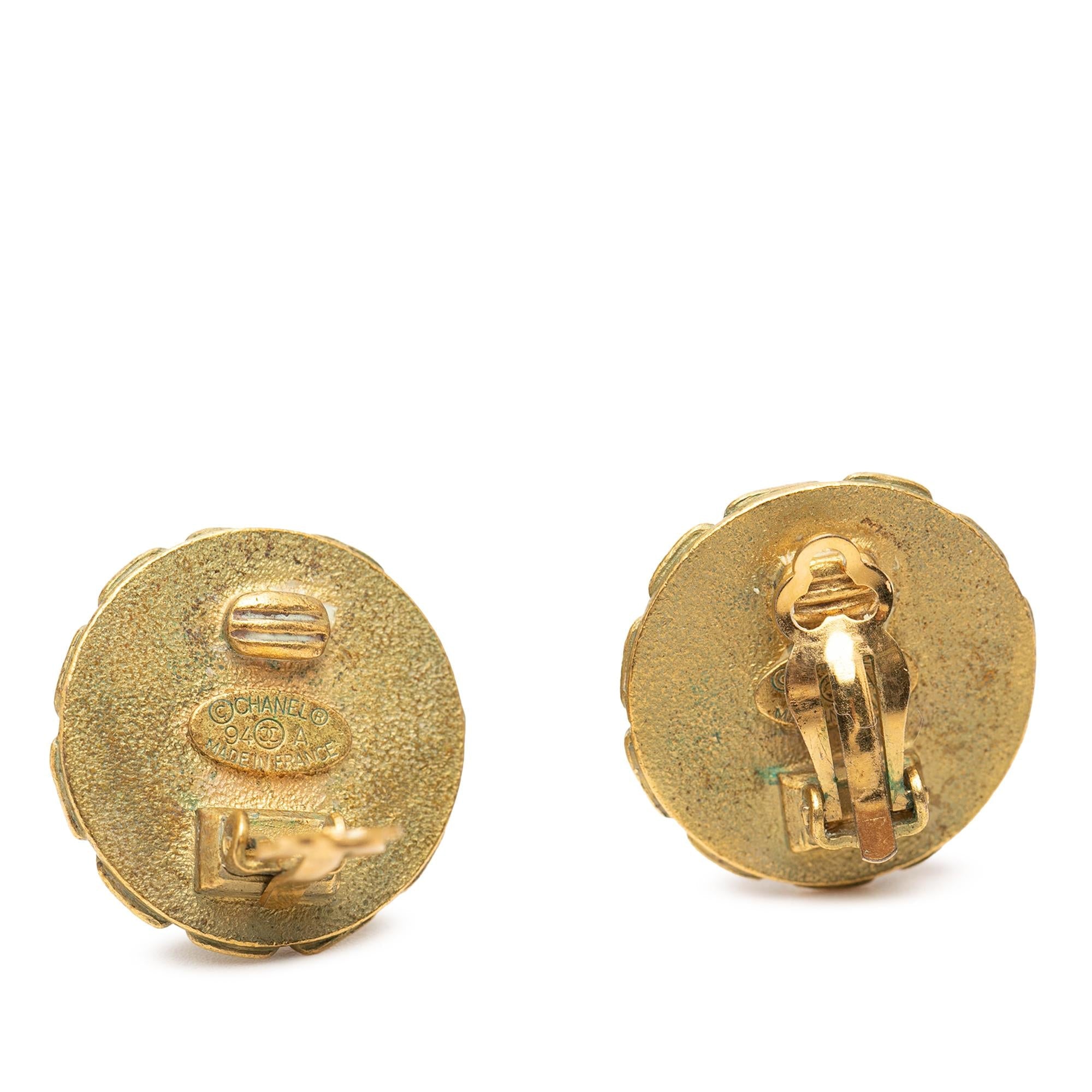 Chanel CC Gold Plated Enamel Round Clip On Earrings