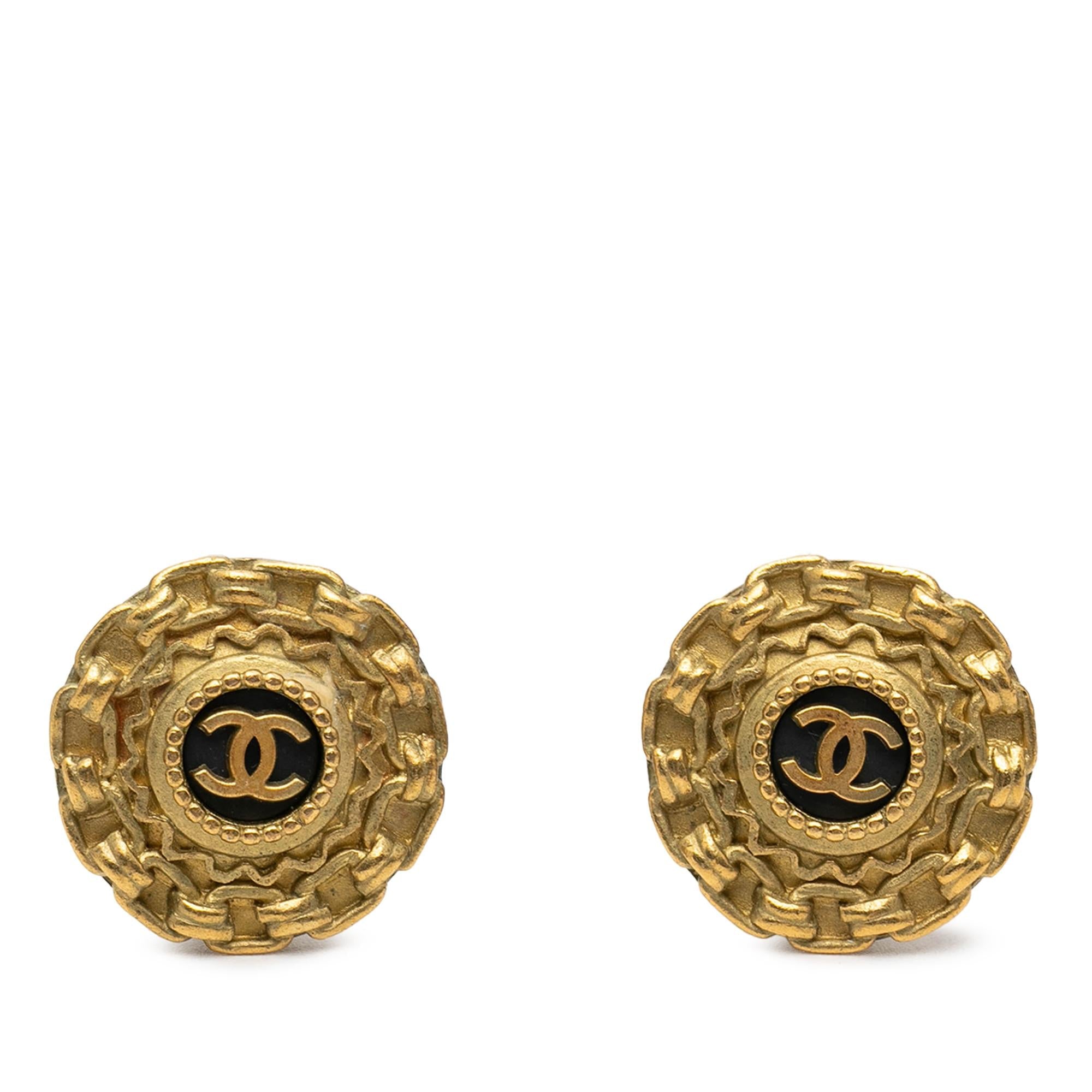 Chanel CC Gold Plated Enamel Round Clip On Earrings