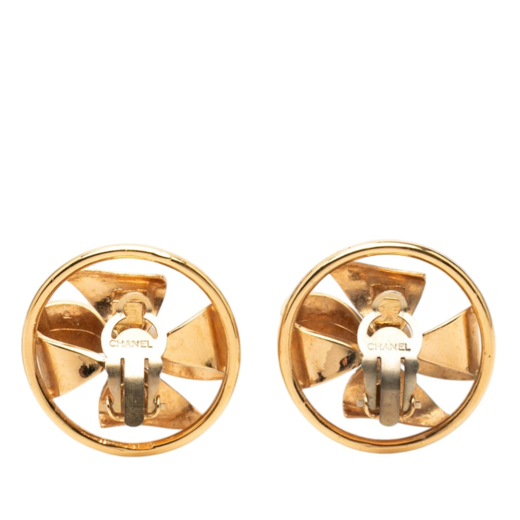 Chanel CC Gold Plated Faux Pearl Pinwheel Ribbon Clip On Earrings