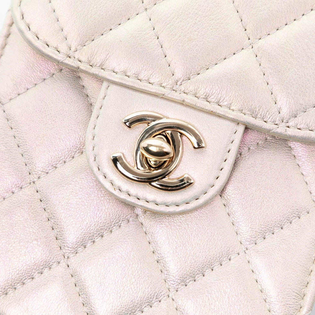 Chanel CC Quilted Iridescent Lambskin Phone Holder with Chain
