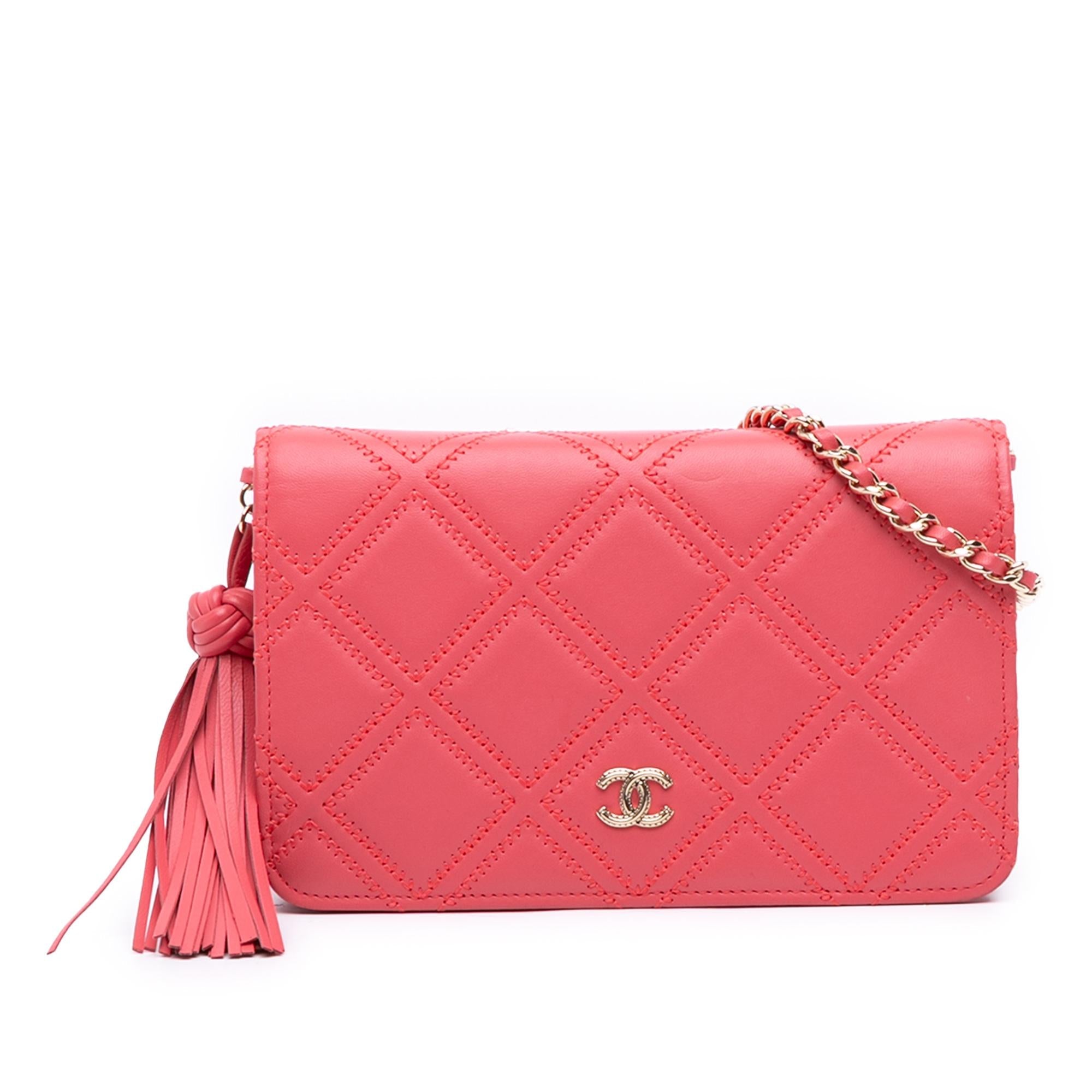 Chanel CC Quilted Lambskin Double Stitch Tassel Wallet On Chain