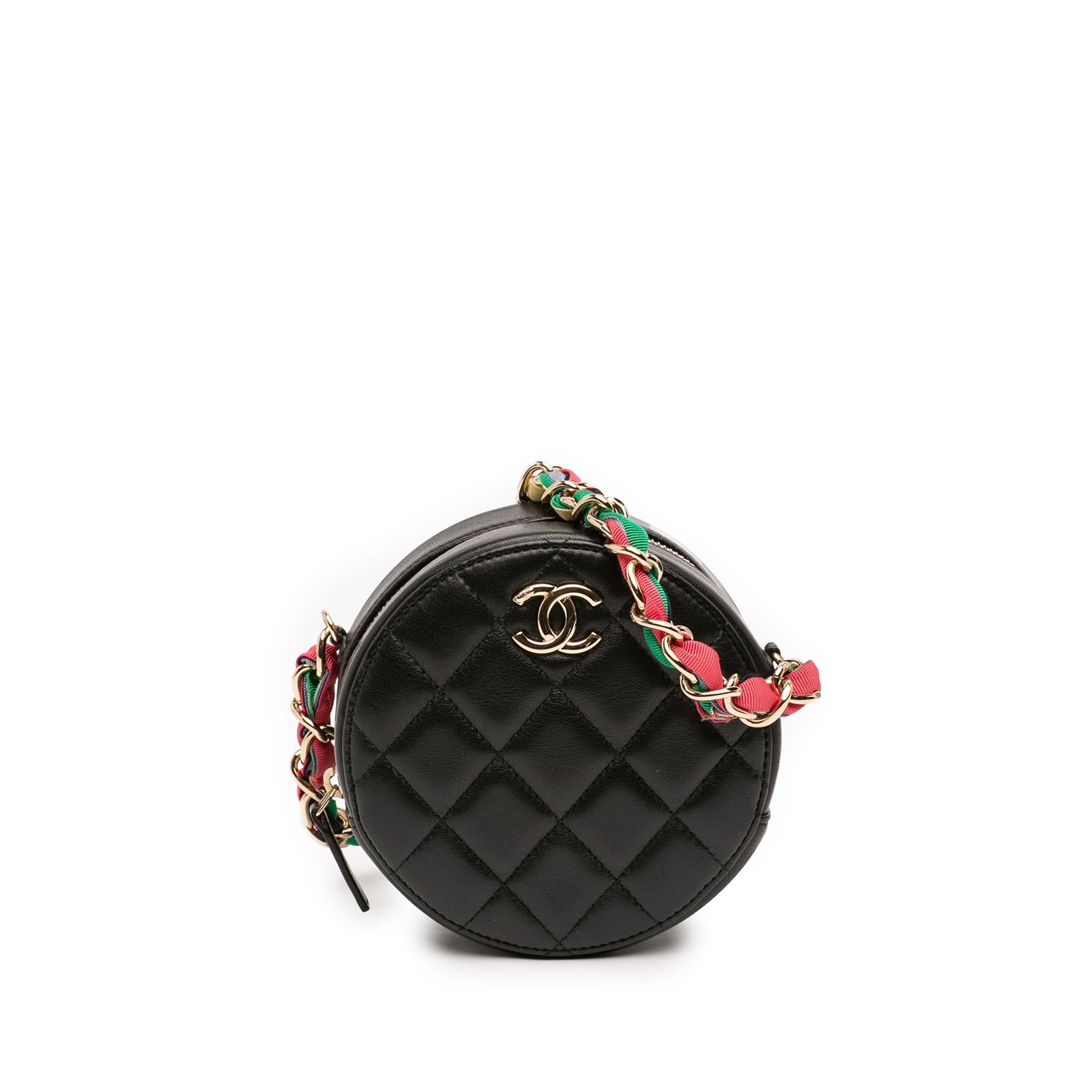 Chanel CC Quilted Lambskin Ribbon Round Clutch With Chain