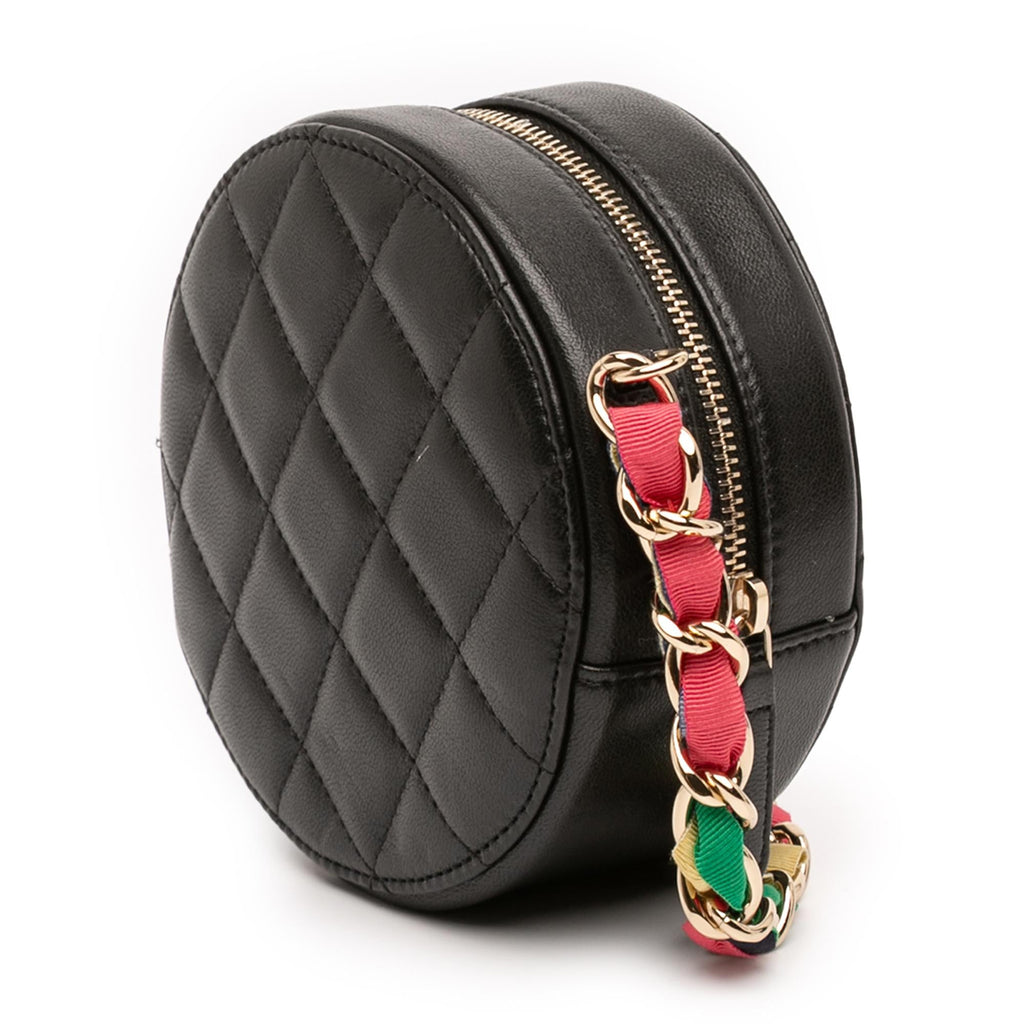 Chanel CC Quilted Lambskin Ribbon Round Clutch With Chain