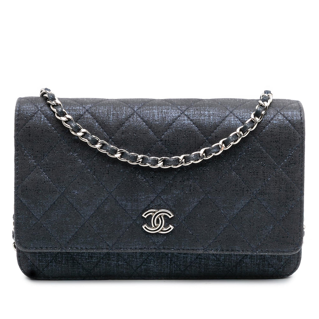 Chanel CC Quilted Metallic Fabric Wallet On Chain