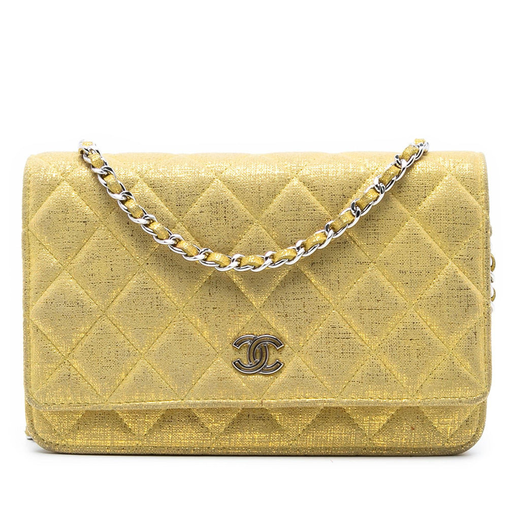 Chanel CC Quilted Metallic Fabric Wallet On Chain