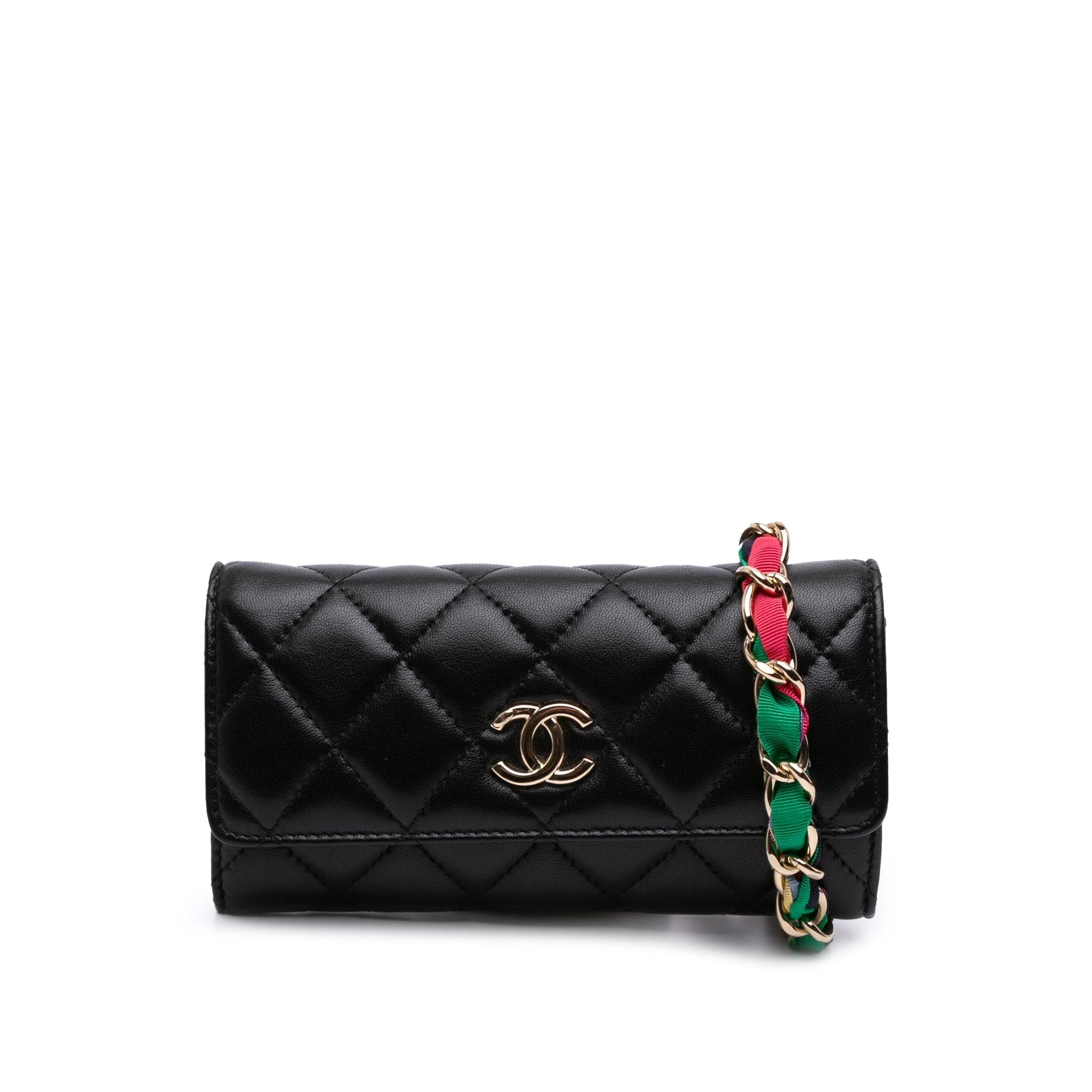 Chanel CC Quilted Shiny Lambskin Ribbon Long Clutch on Chain