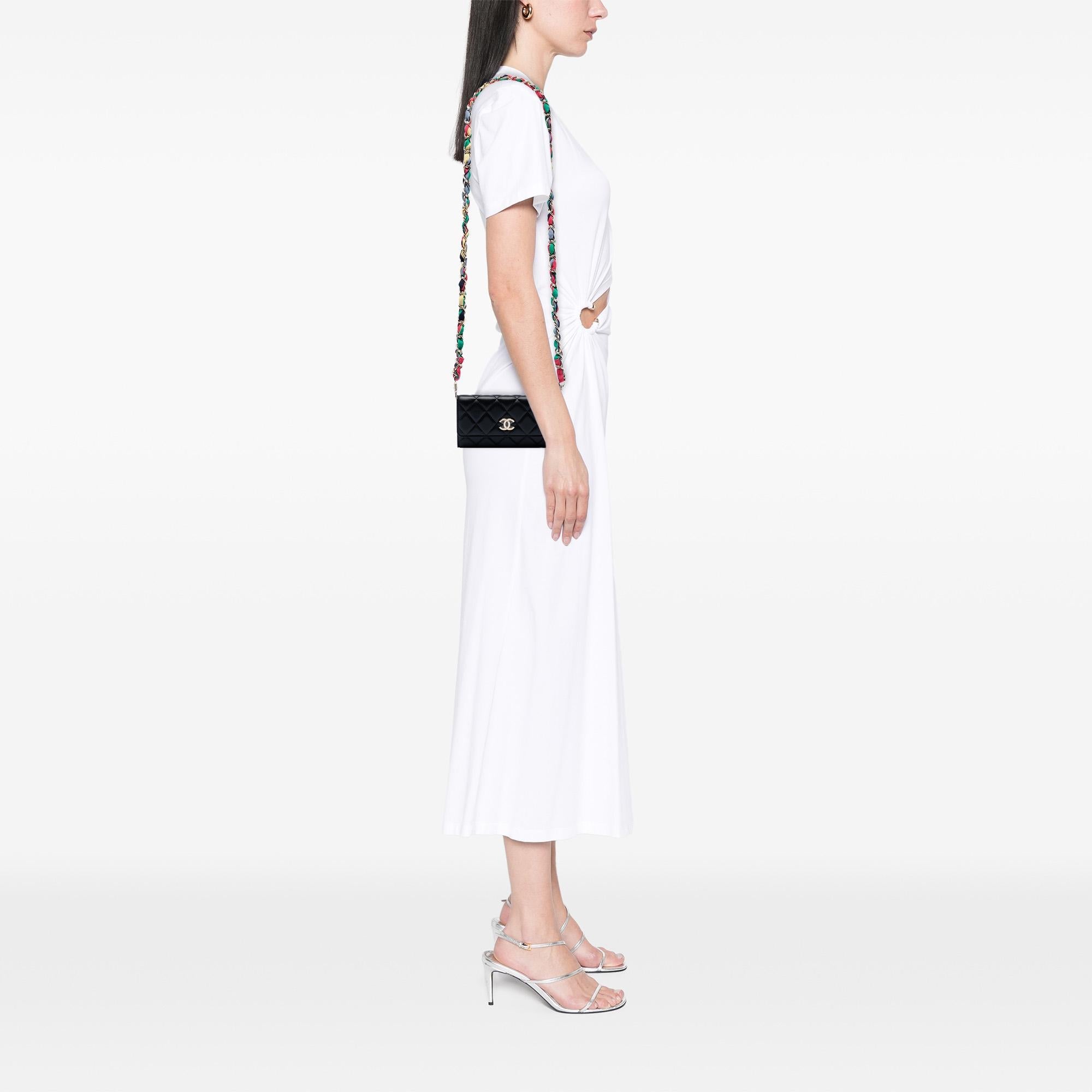 Chanel CC Quilted Shiny Lambskin Ribbon Long Clutch on Chain