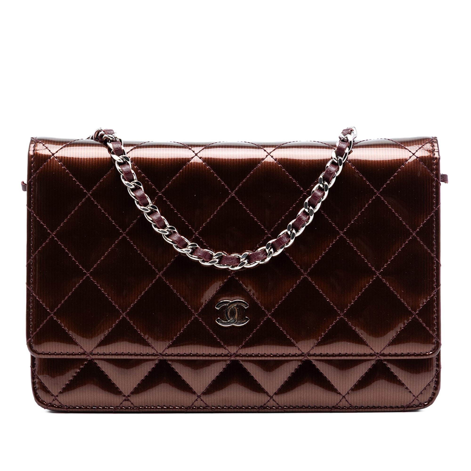 Chanel CC Quilted Striated Metallic Patent Wallet on Chain