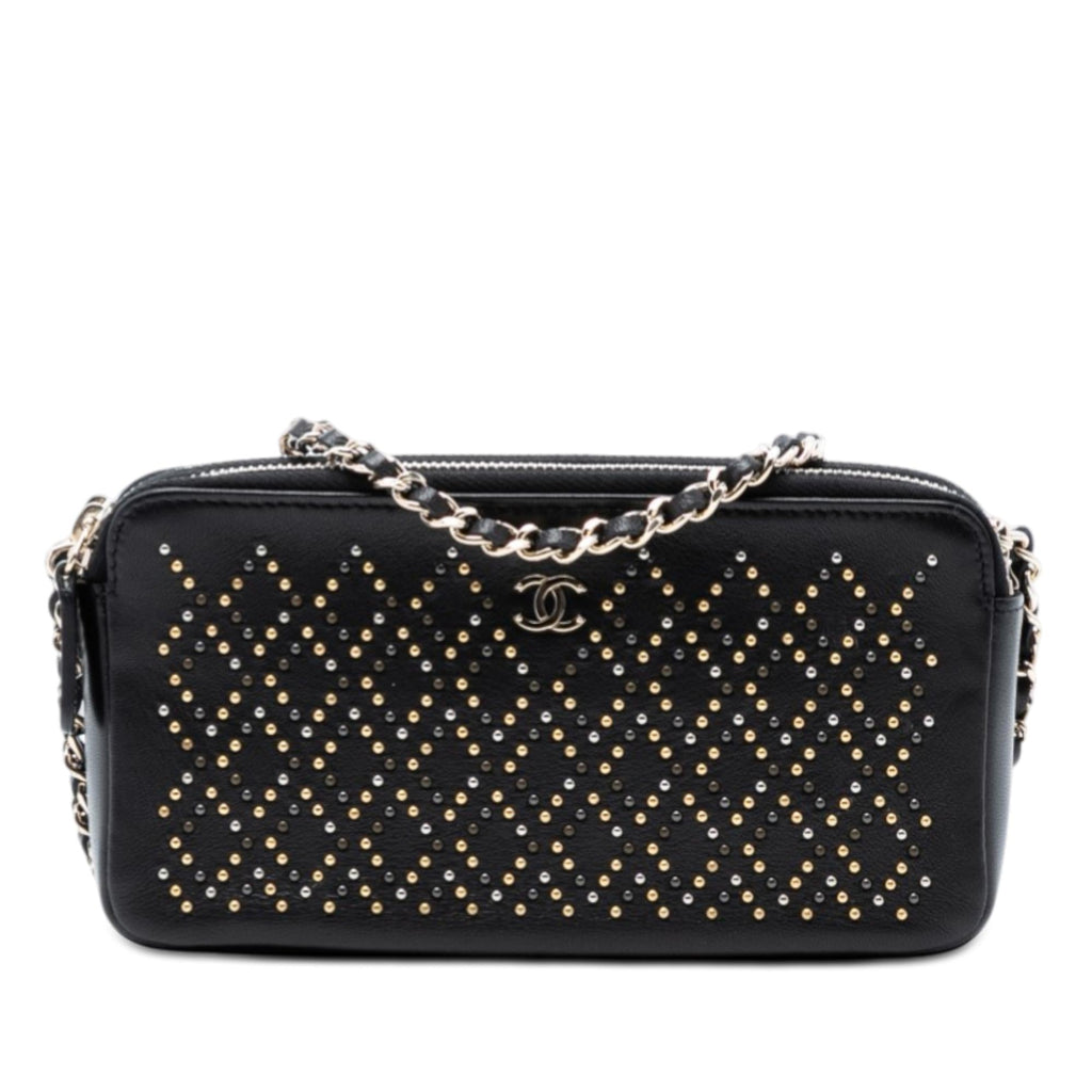 Chanel CC Studded Lambskin Double Zip Clutch with Chain