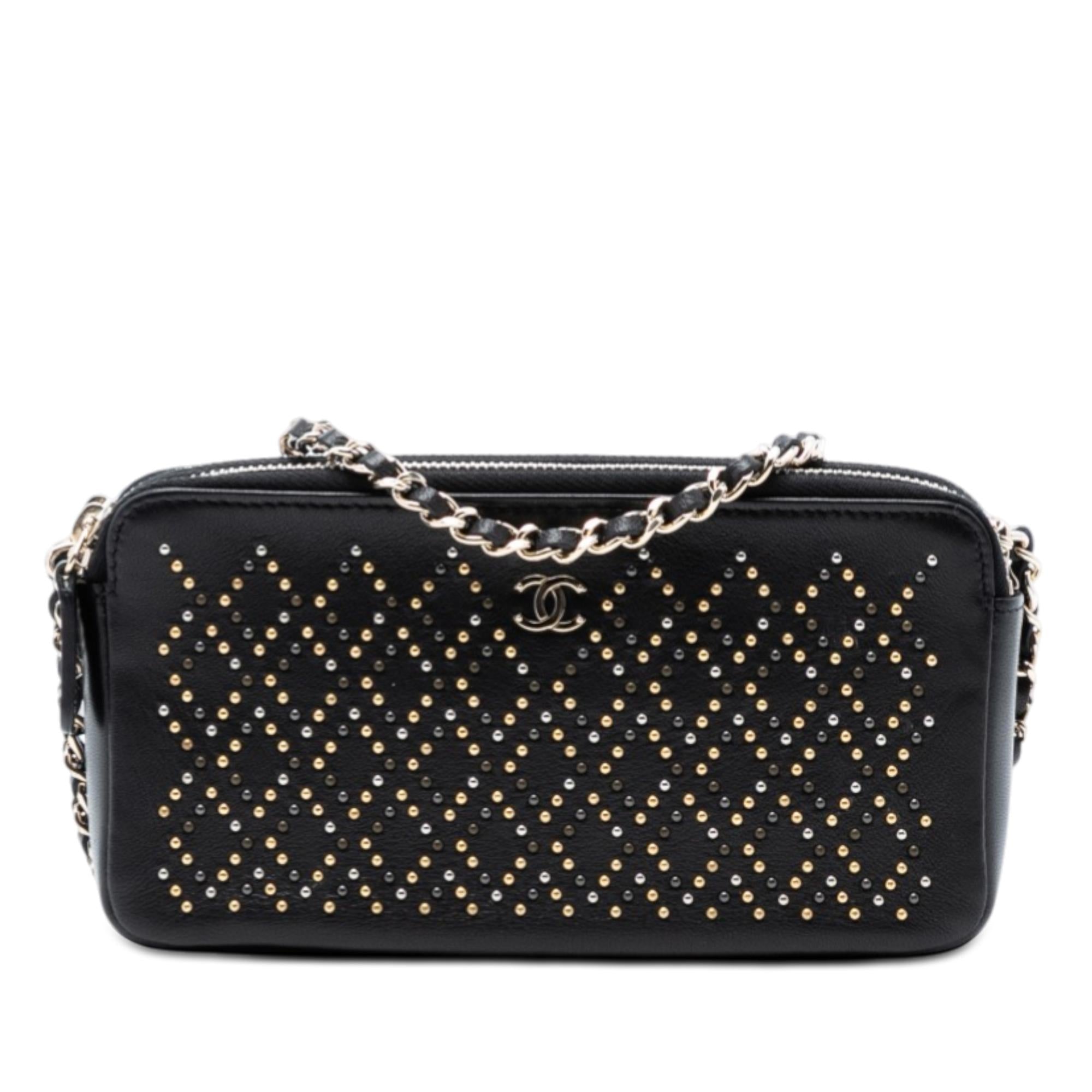 Chanel CC Studded Lambskin Double Zip Clutch with Chain