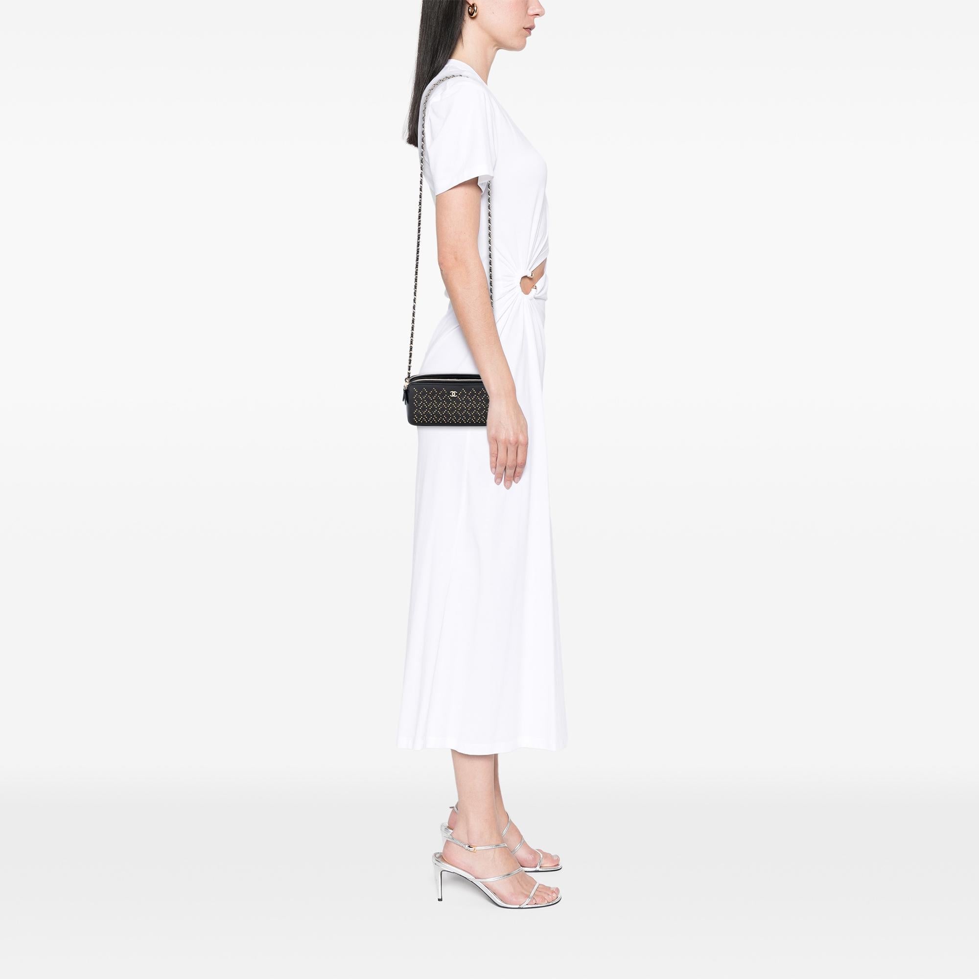 Chanel CC Studded Lambskin Double Zip Clutch with Chain