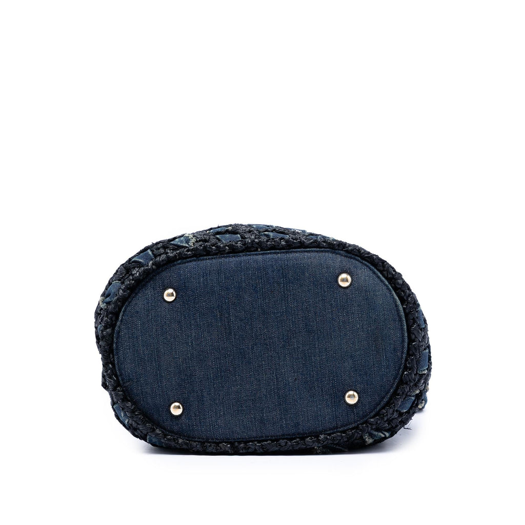 Chanel CC Woven Denim and Raffia Drawstring Bucket Bag