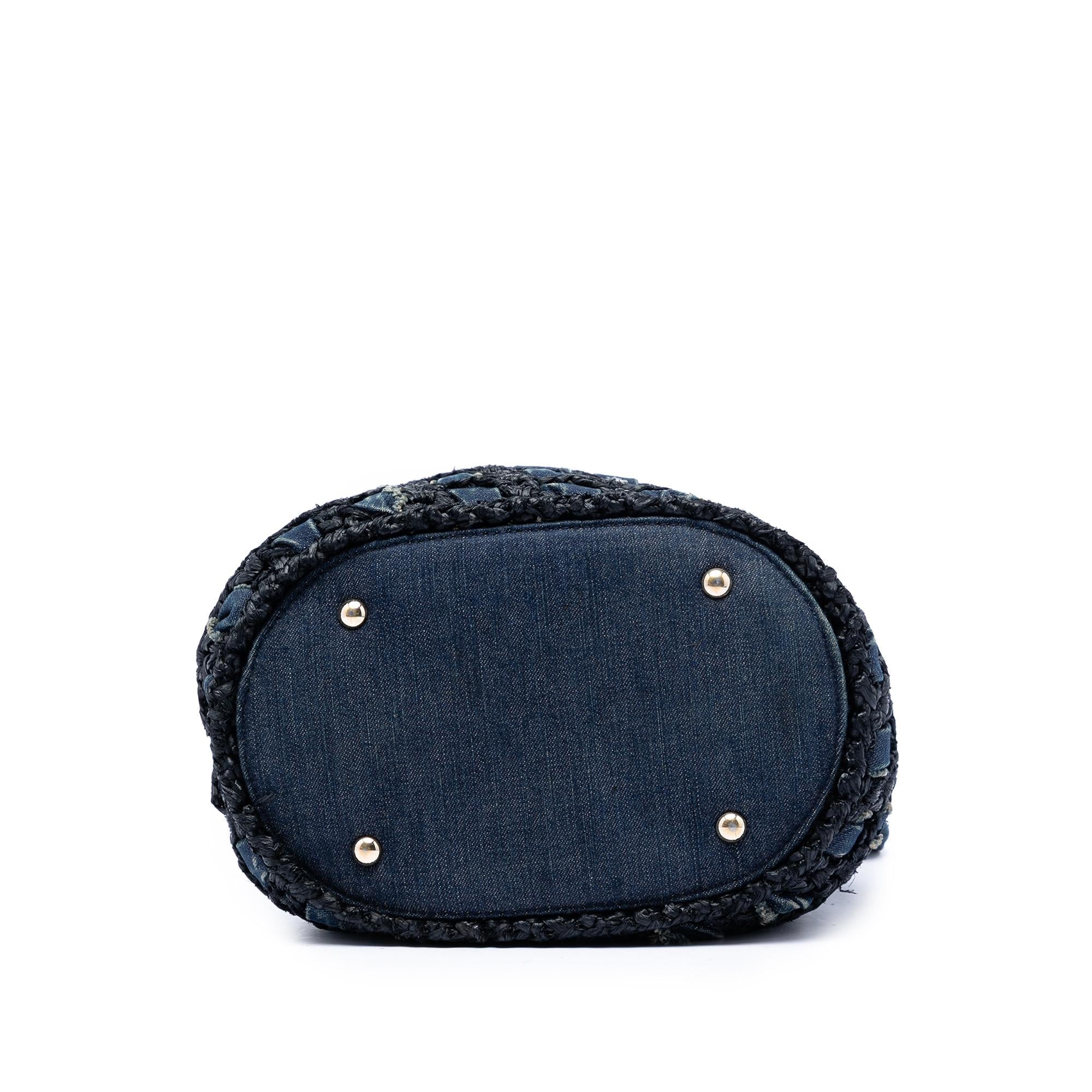 Chanel CC Woven Denim and Raffia Drawstring Bucket Bag