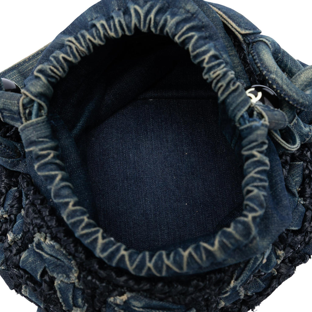 Chanel CC Woven Denim and Raffia Drawstring Bucket Bag