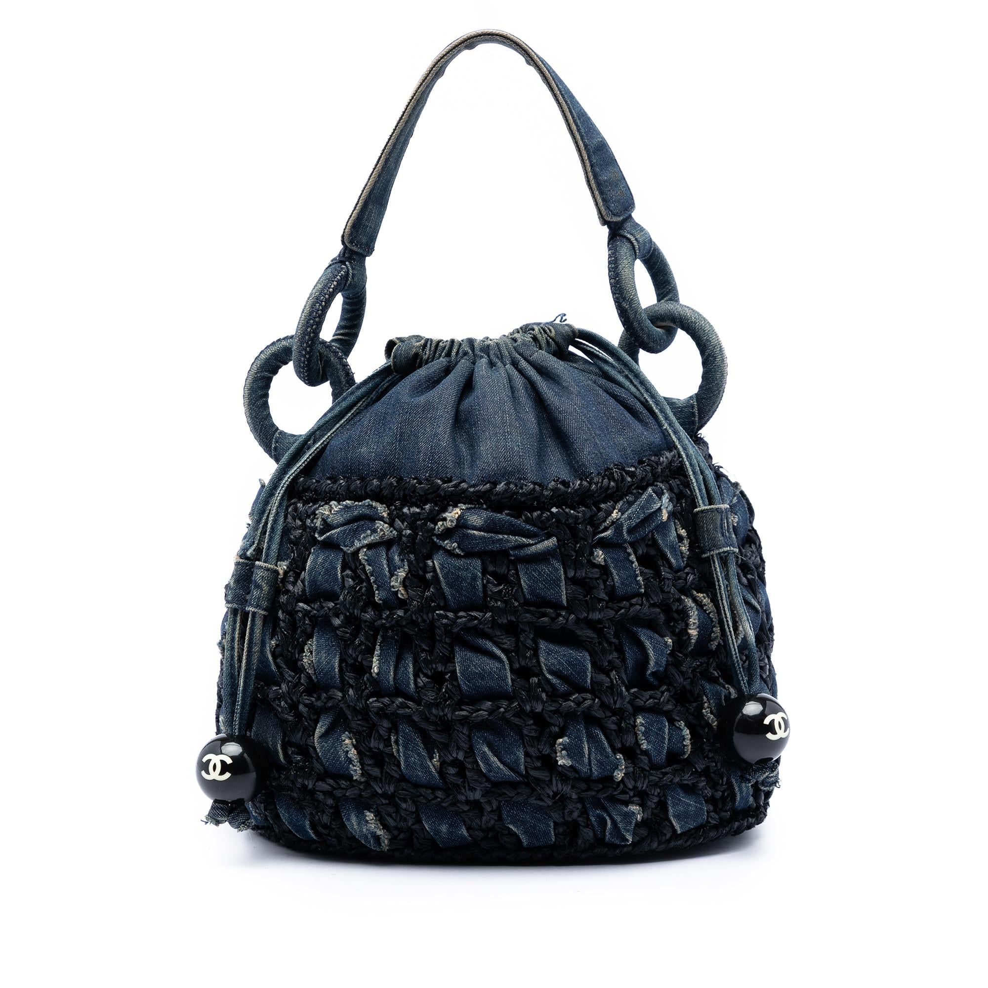 Chanel CC Woven Denim and Raffia Drawstring Bucket Bag