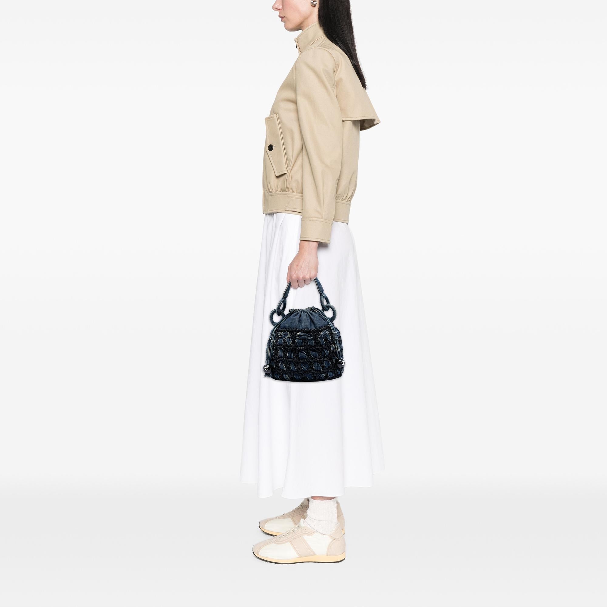 Chanel CC Woven Denim and Raffia Drawstring Bucket Bag