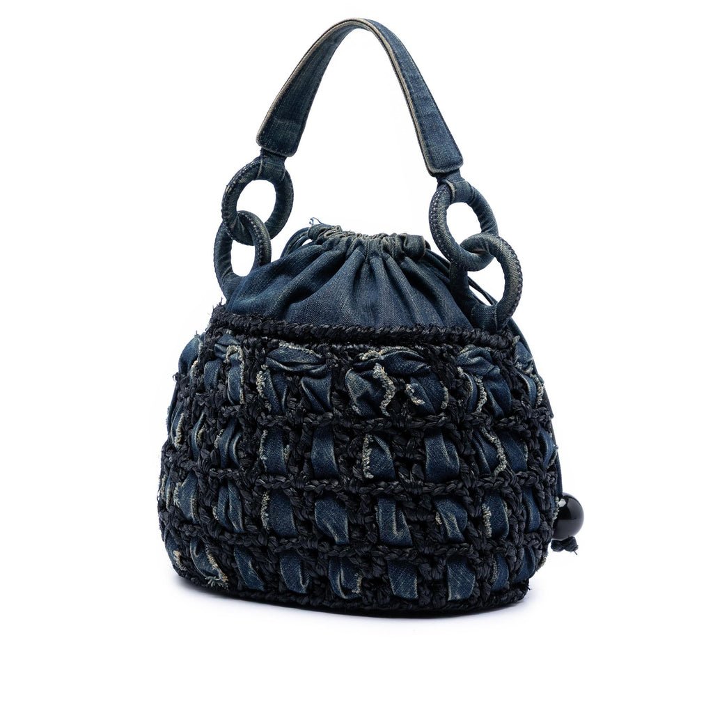 Chanel CC Woven Denim and Raffia Drawstring Bucket Bag